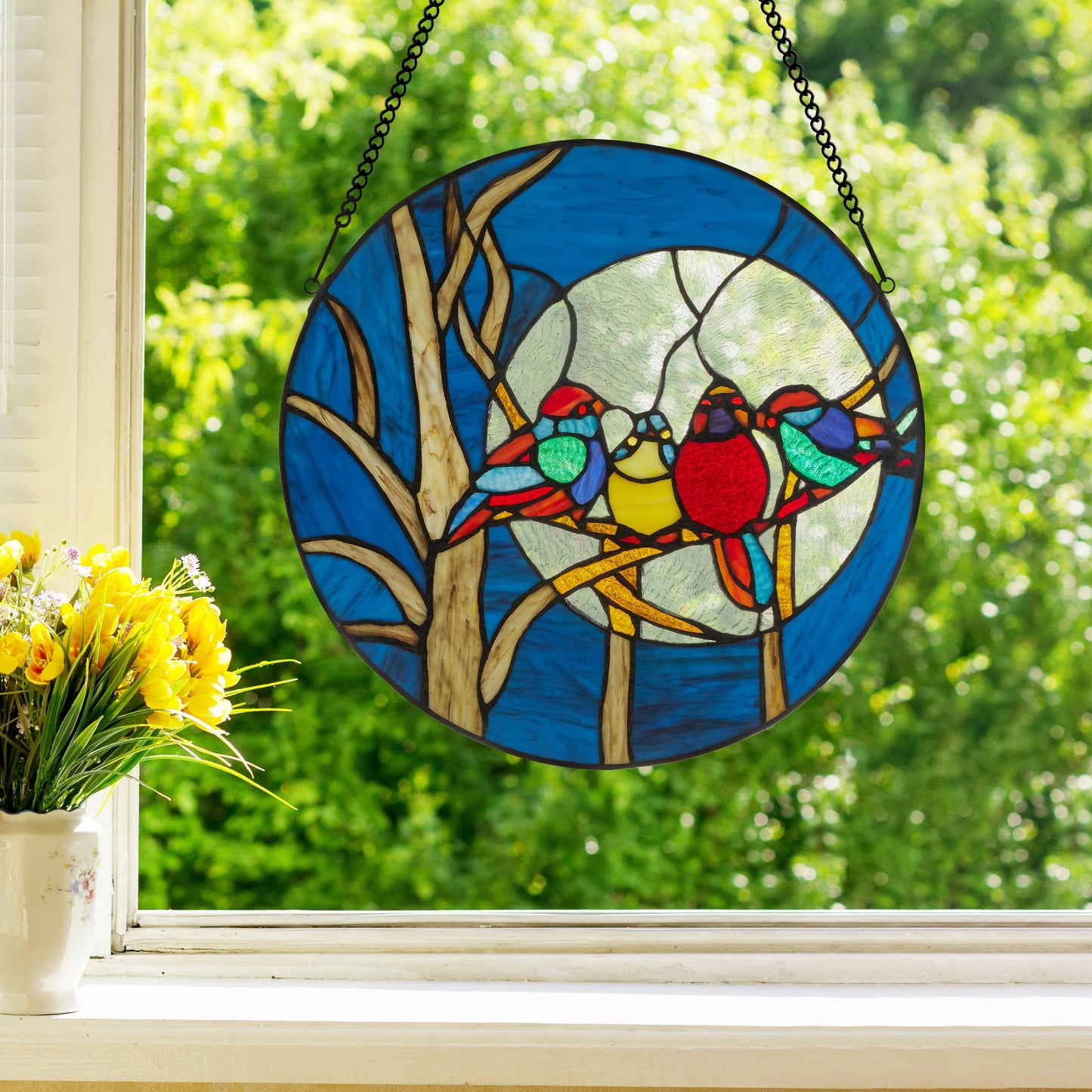 16"H Astrid Blue Birds in the Night Sky Window Panel
