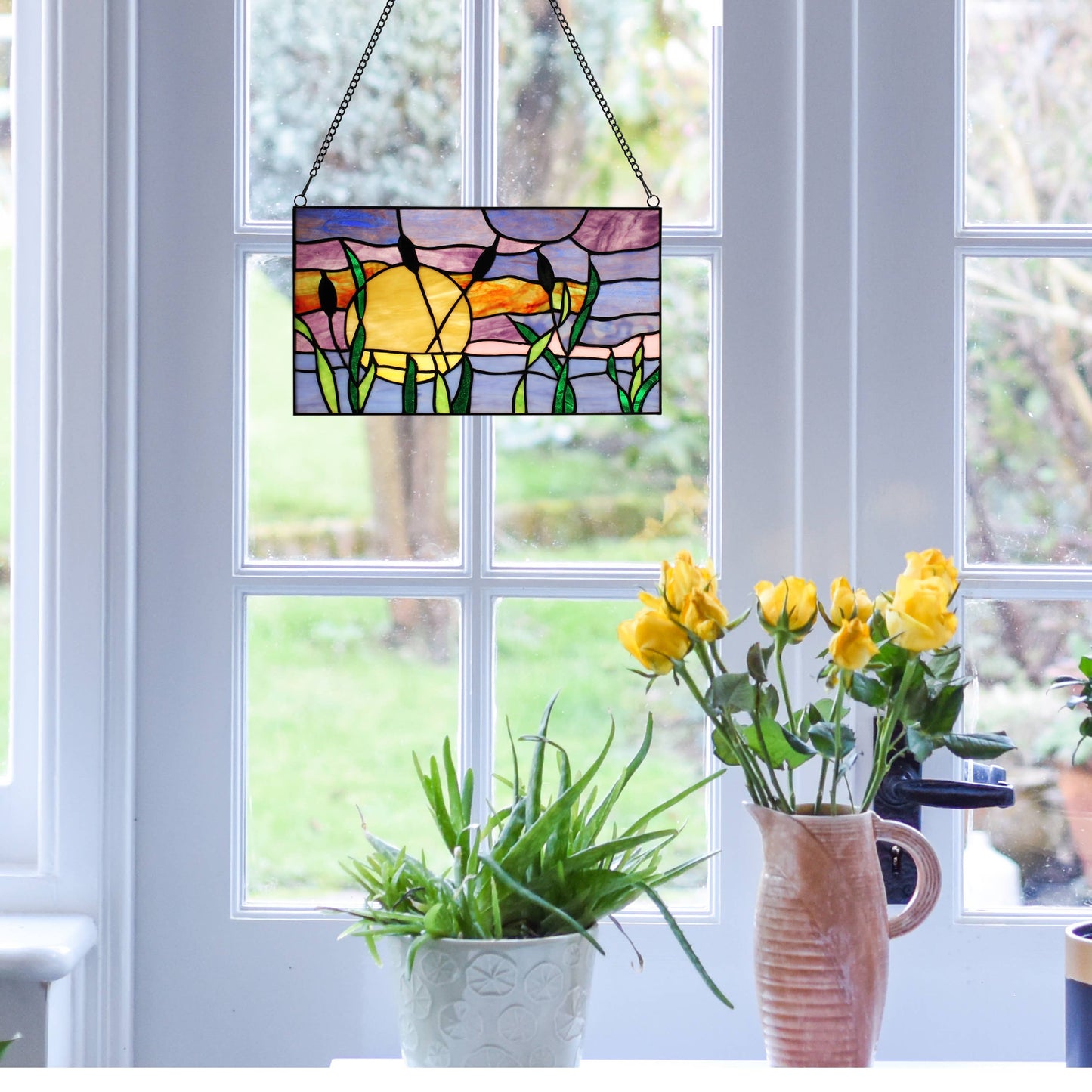 8.25"H Purple Cattails at Sunset Stained Glass Window Panel