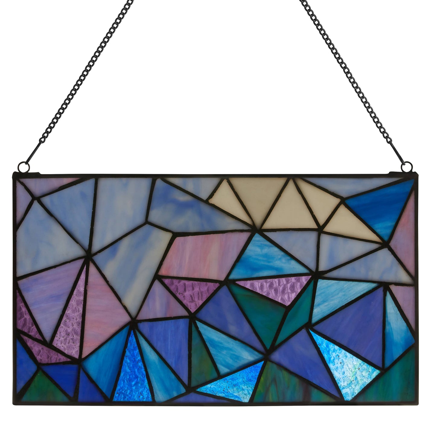 14"L Geometric Abstract Blue Stained Glass Window Panel