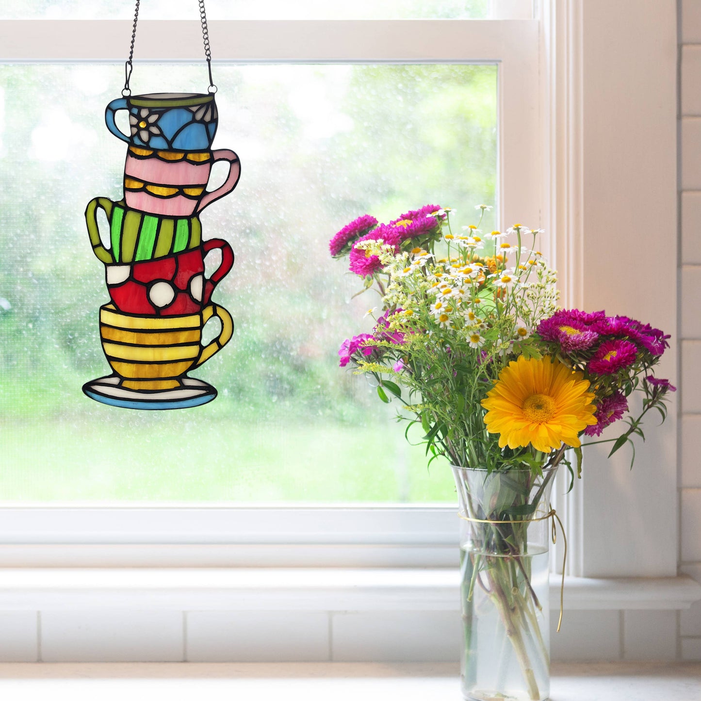 10.25"H Colorful Stacked Teacups Stained Glass Window Panel