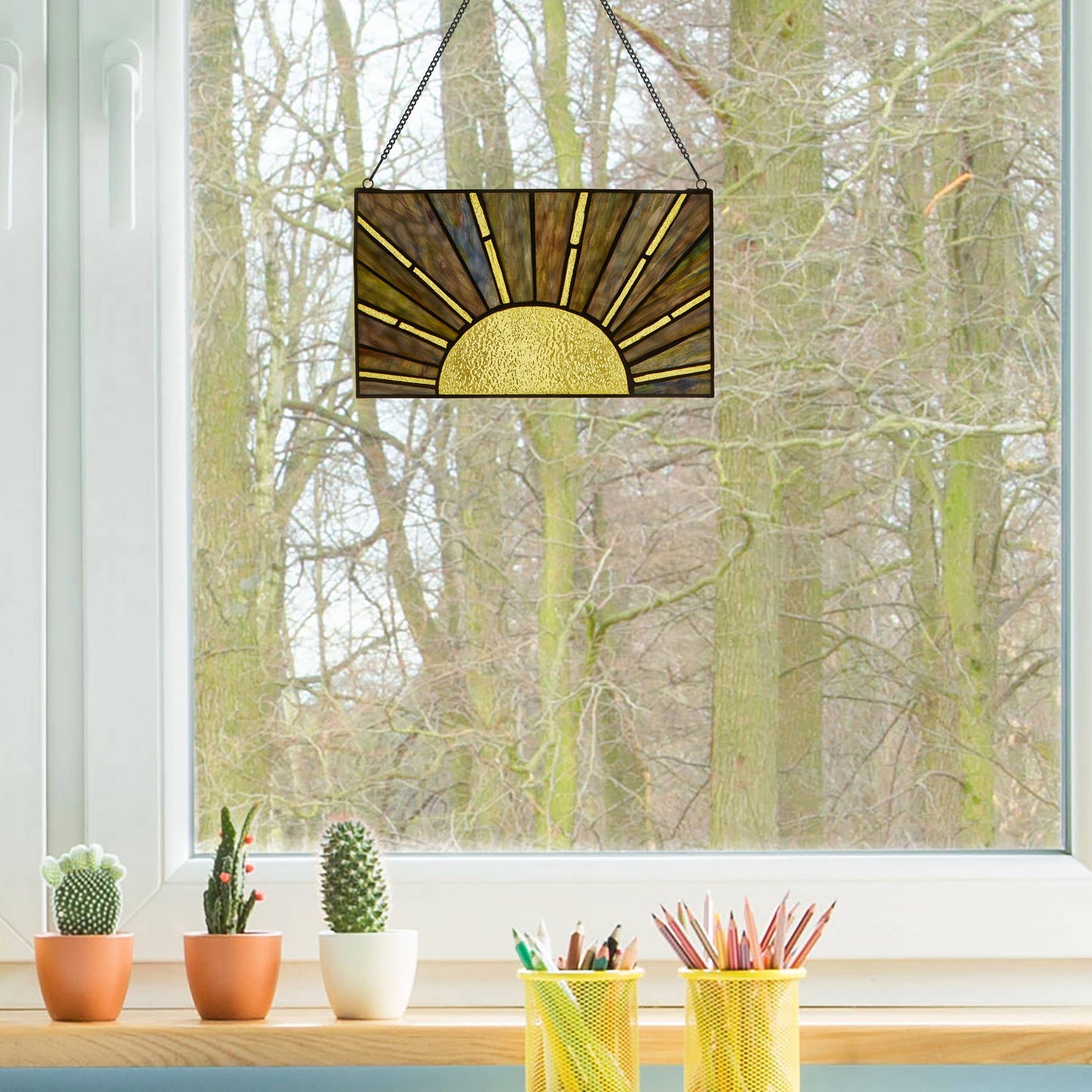 8"H Multicolor Sunrise/Sunset Stained Glass Window Panel
