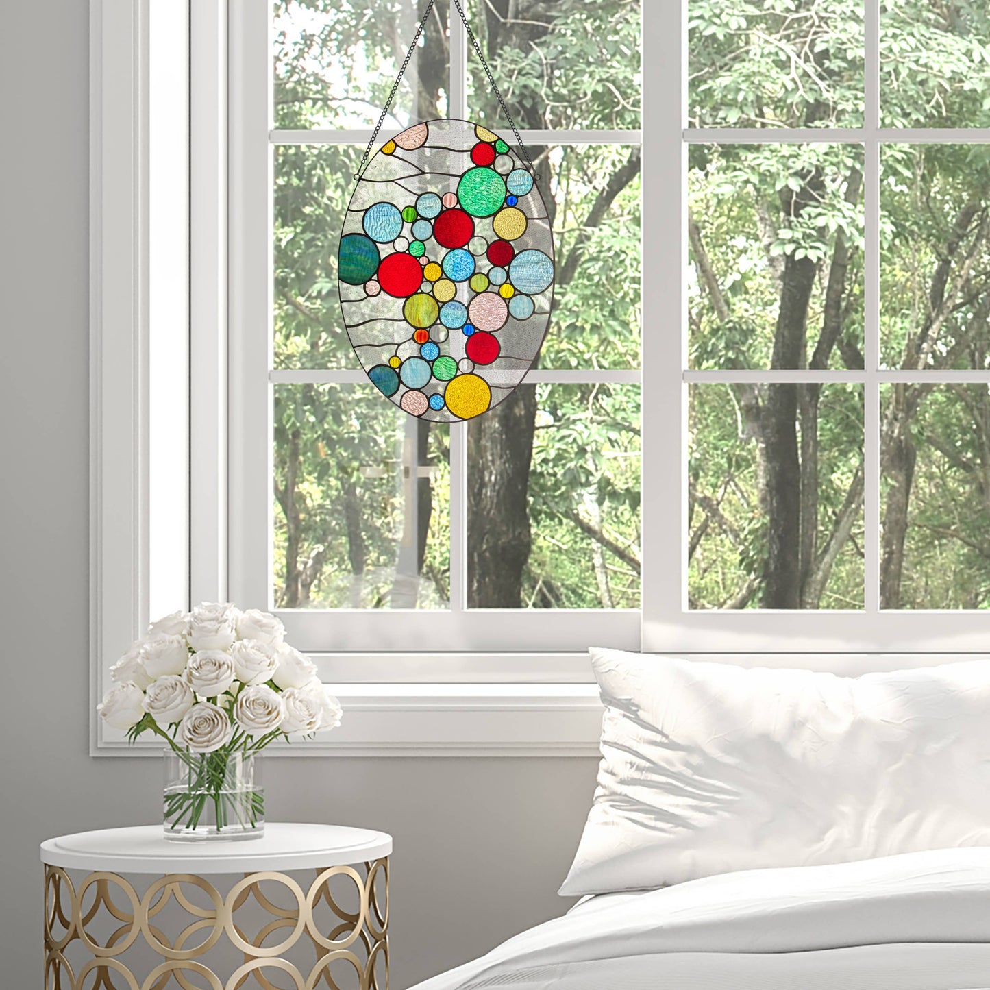 20"H Naomi Multicolored Dots Stained Glass Window Panel
