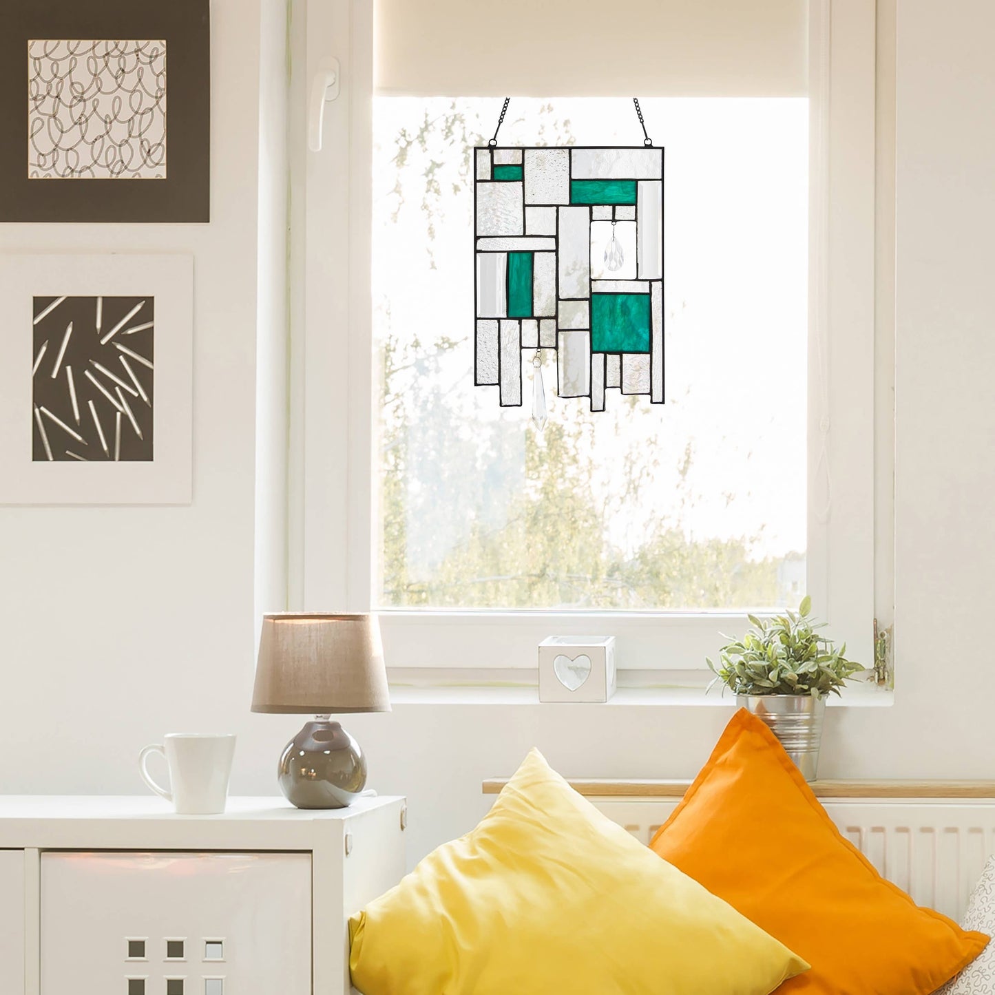 11.5"H Molly Turquoise Suncatcher Stained Glass Window Panel