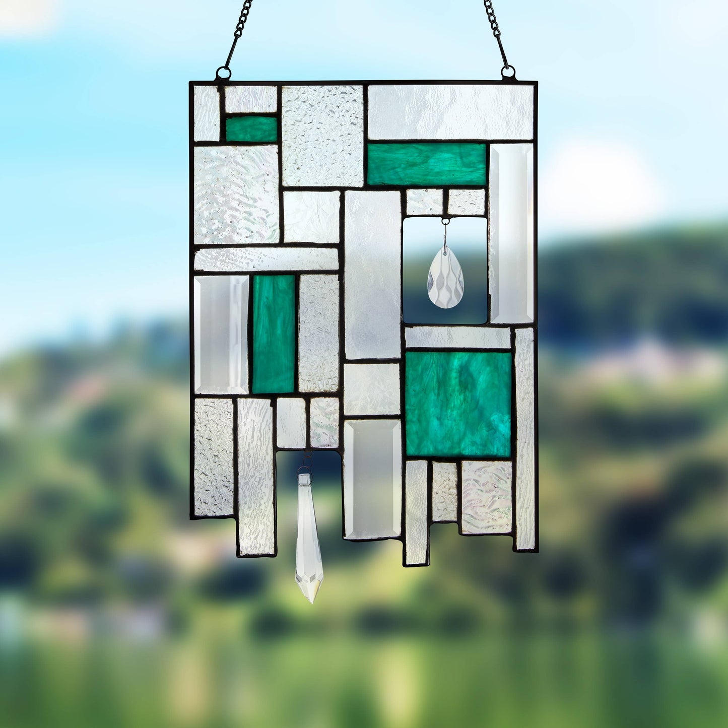 11.5"H Molly Turquoise Suncatcher Stained Glass Window Panel