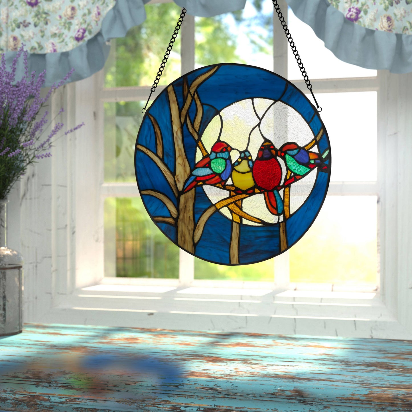 16"H Astrid Blue Birds in the Night Sky Window Panel