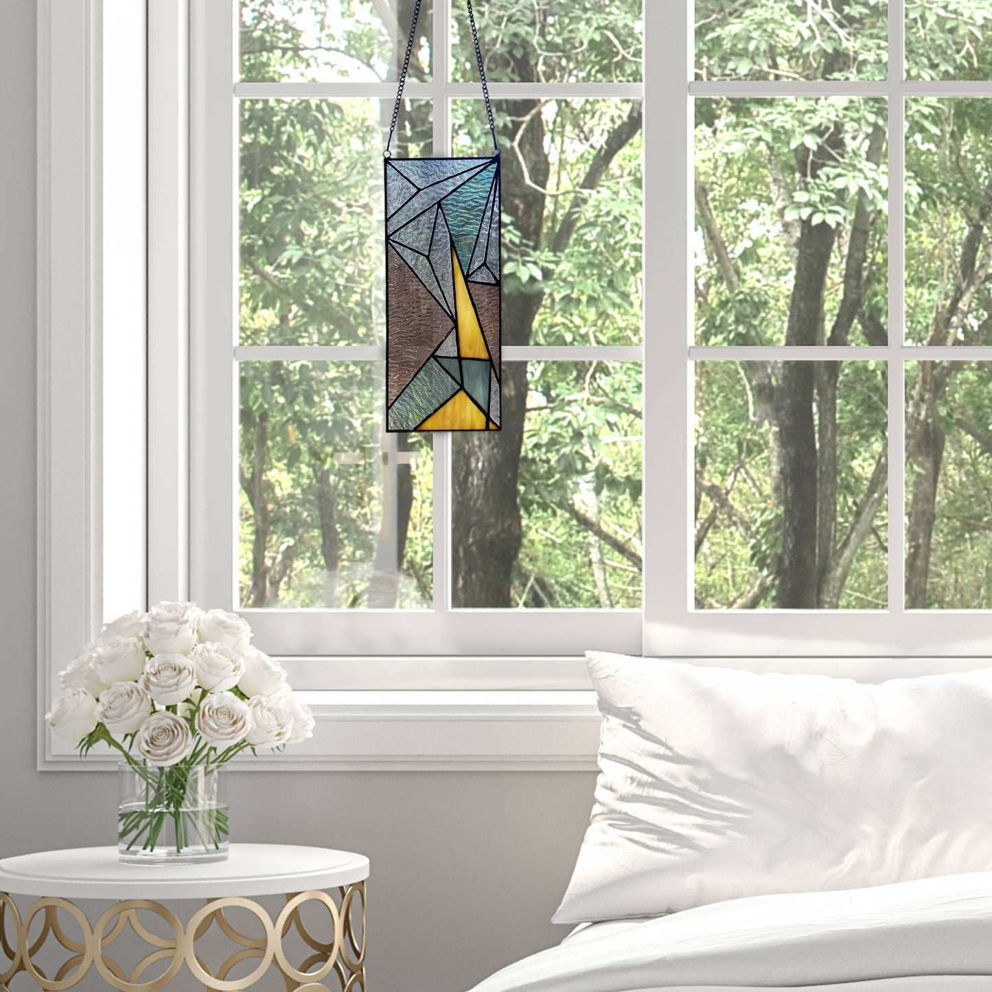 11.5"H Art Deco-Style Triangles Stained Glass Window Panel
