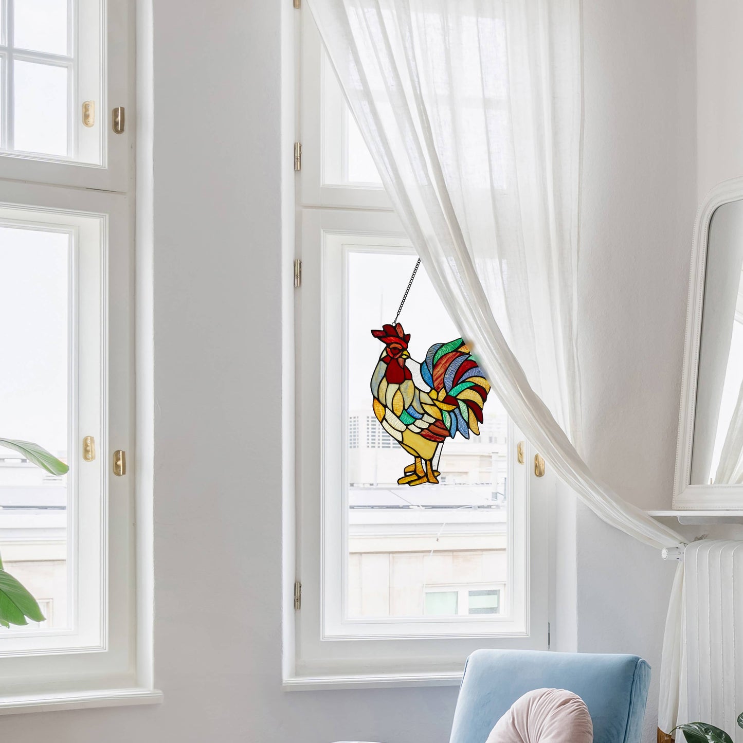 15.25"H Roland the Red Rooster Stained Glass Window Panel