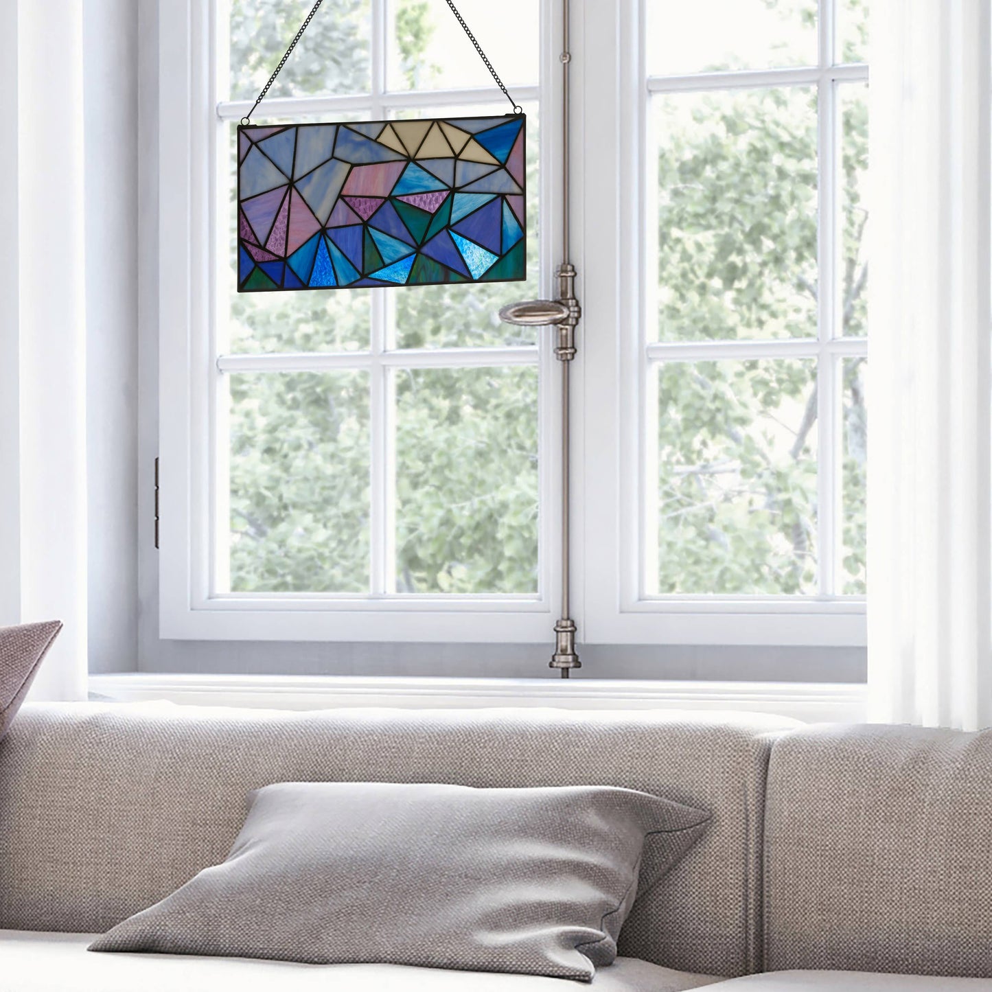 14"L Geometric Abstract Blue Stained Glass Window Panel