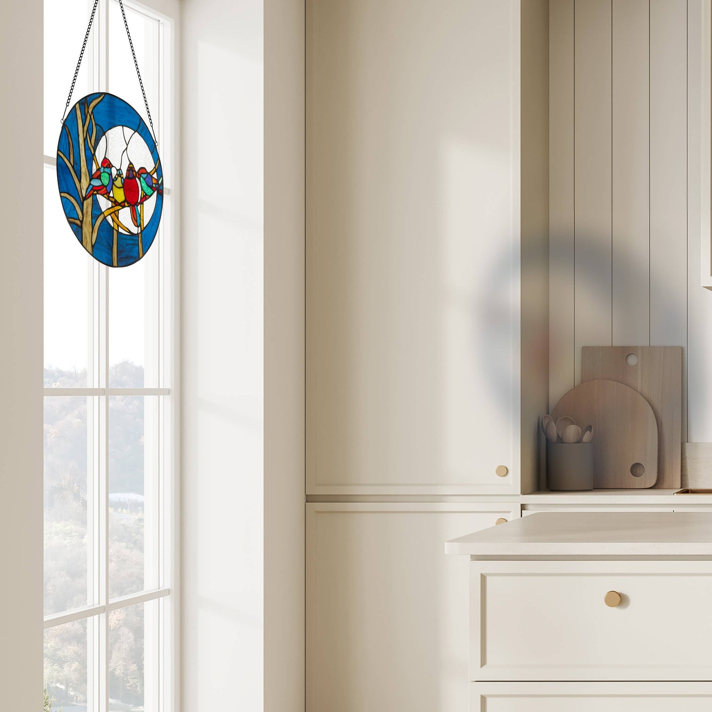 16"H Astrid Blue Birds in the Night Sky Window Panel