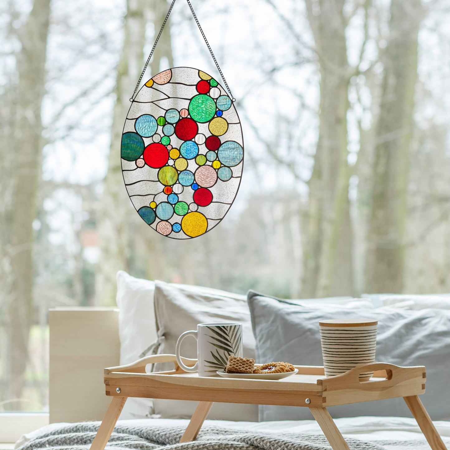 20"H Naomi Multicolored Dots Stained Glass Window Panel