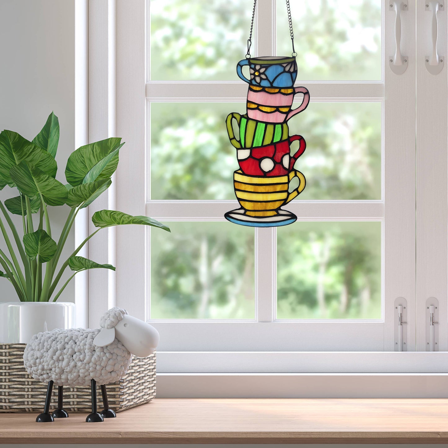10.25"H Colorful Stacked Teacups Stained Glass Window Panel
