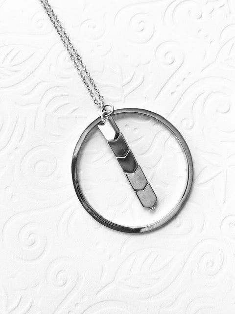 Silver Circular Pendant Necklace / Hematite Beads