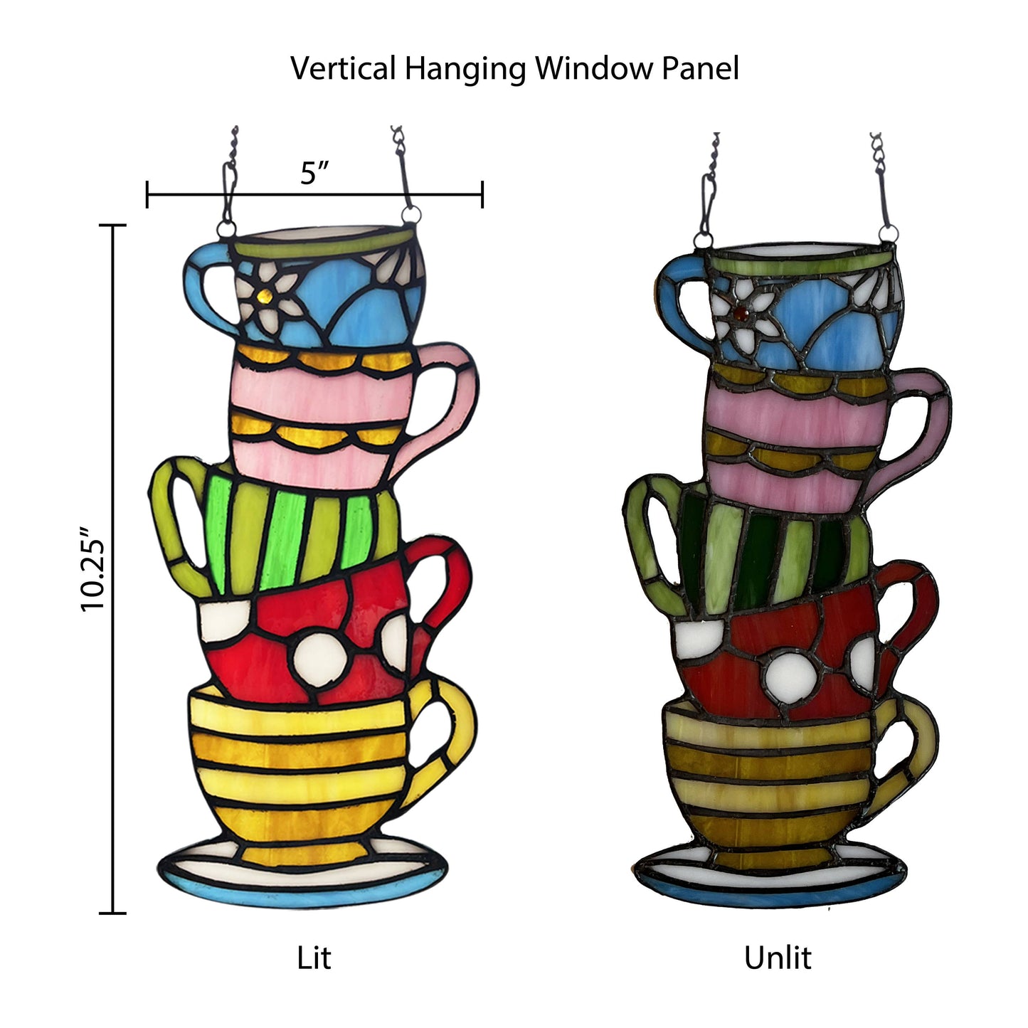 10.25"H Colorful Stacked Teacups Stained Glass Window Panel