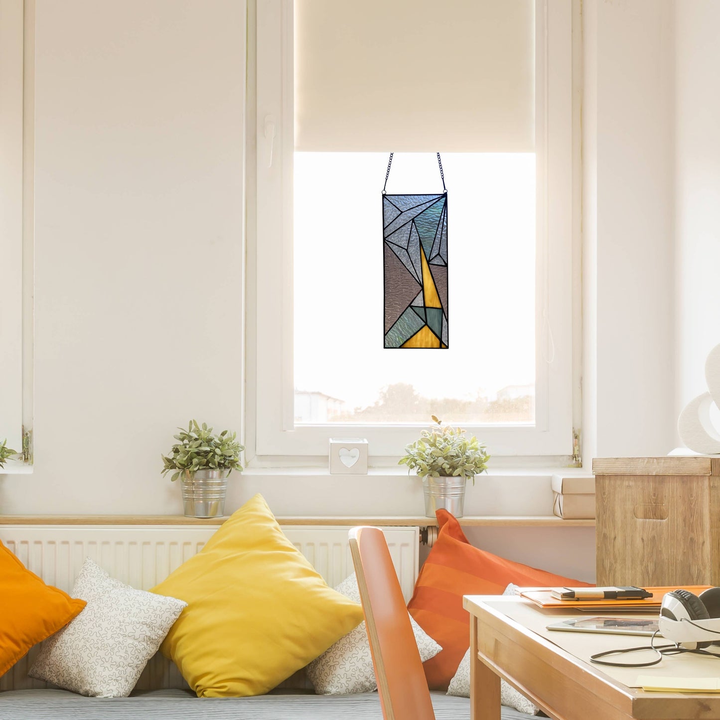 11.5"H Art Deco-Style Triangles Stained Glass Window Panel
