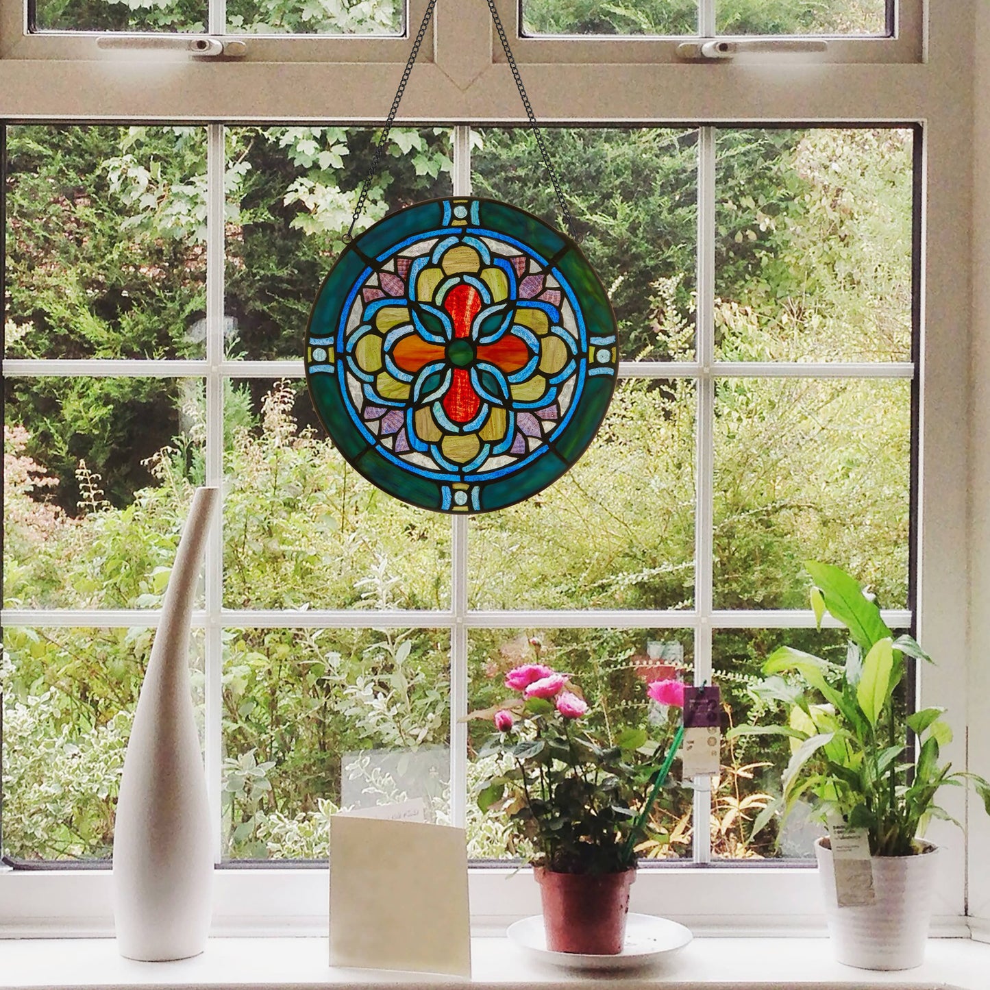 12"H Round Geometric Stained Glass Window Panel