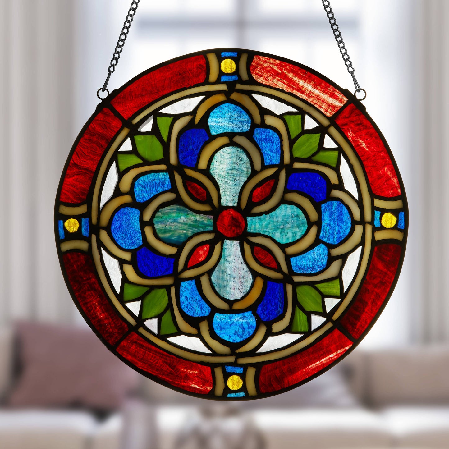 12"H Round Geometric Stained Glass Window Panel