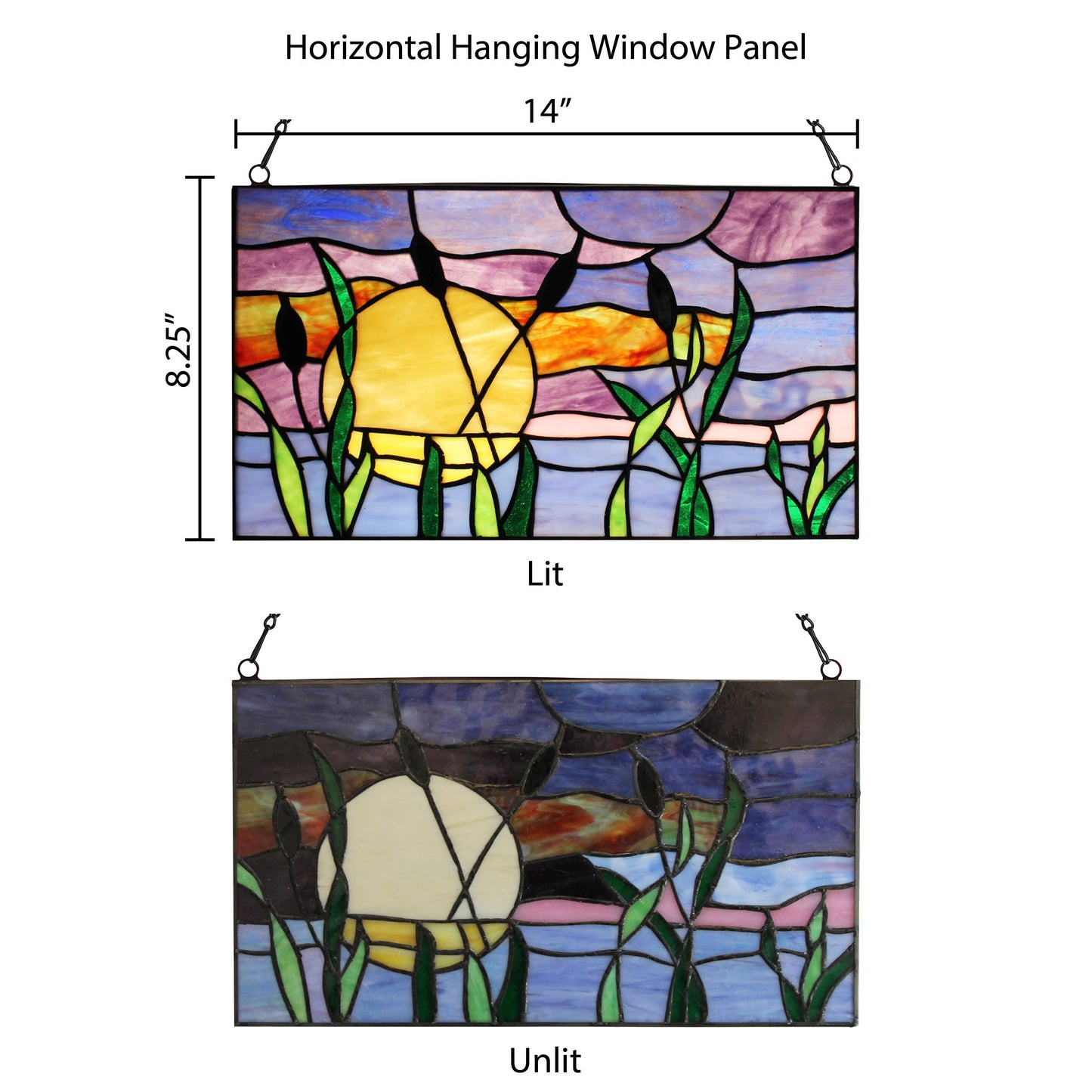 8.25"H Purple Cattails at Sunset Stained Glass Window Panel