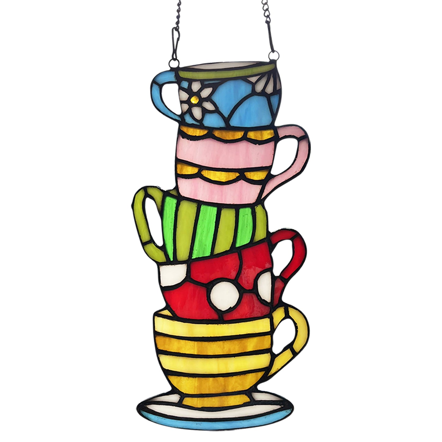 10.25"H Colorful Stacked Teacups Stained Glass Window Panel