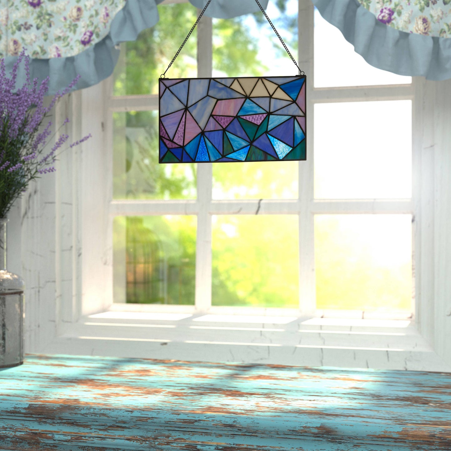 14"L Geometric Abstract Blue Stained Glass Window Panel