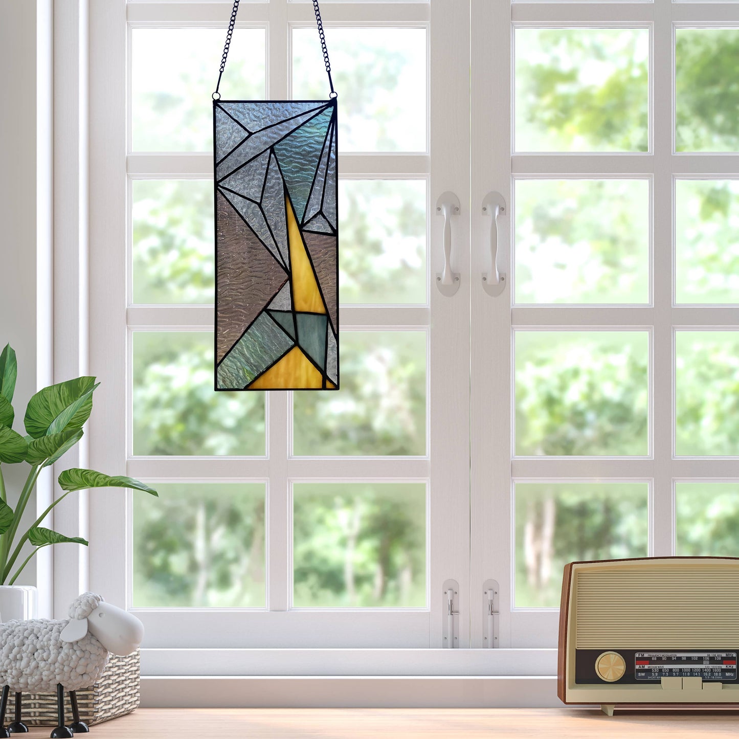 11.5"H Art Deco-Style Triangles Stained Glass Window Panel