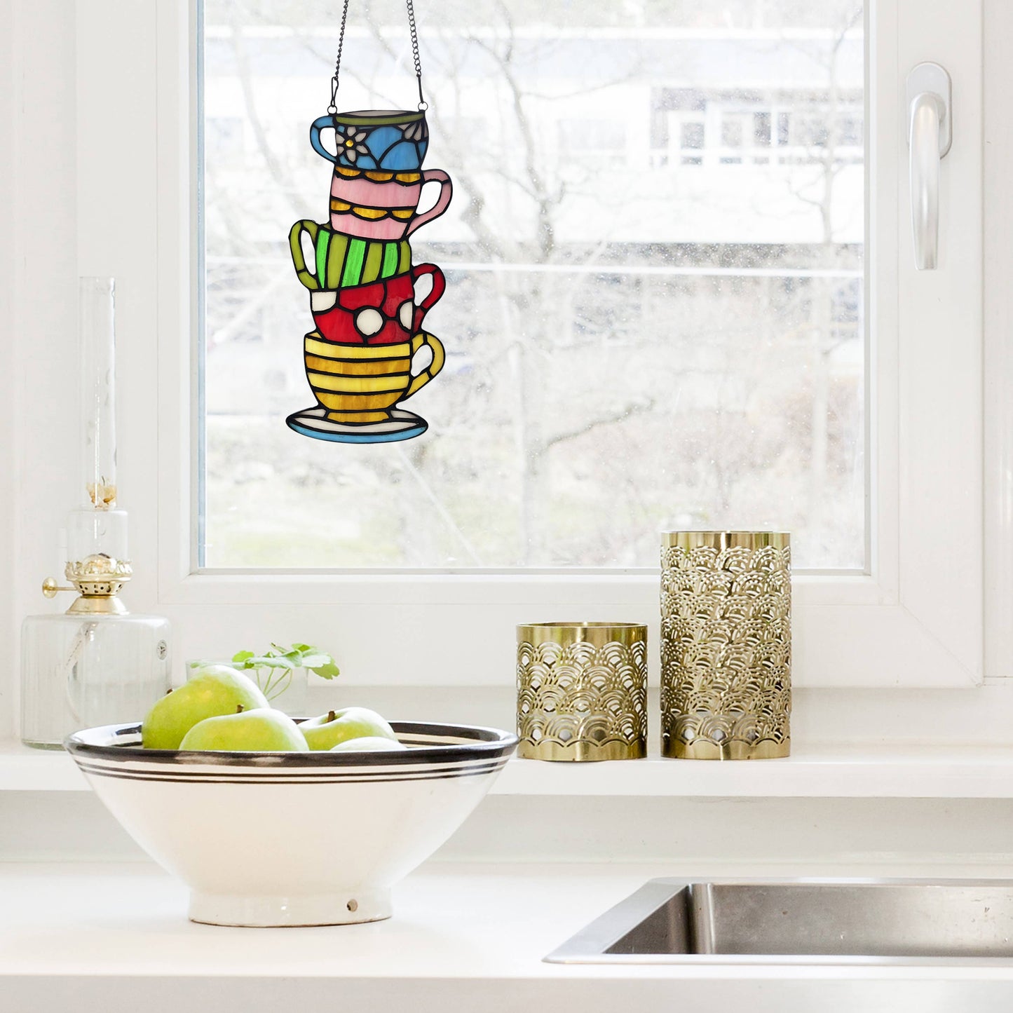 10.25"H Colorful Stacked Teacups Stained Glass Window Panel