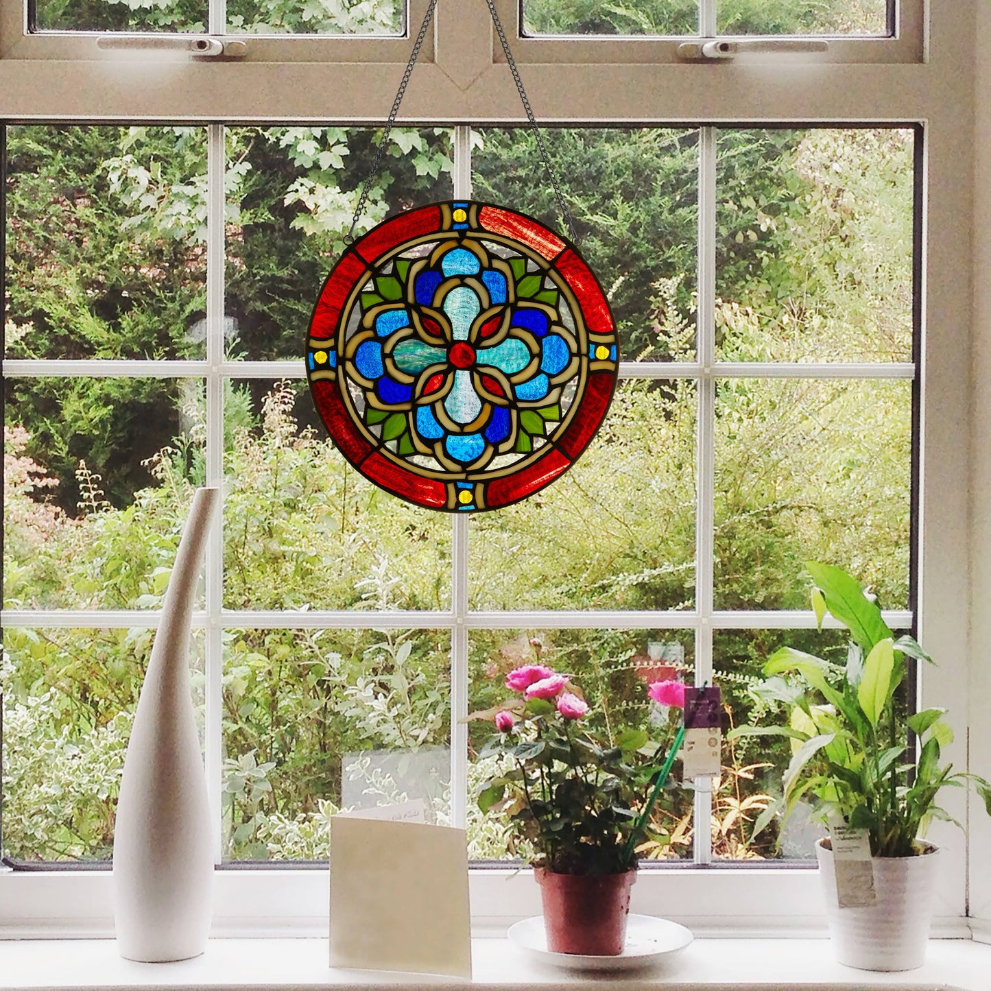 12"H Round Geometric Stained Glass Window Panel