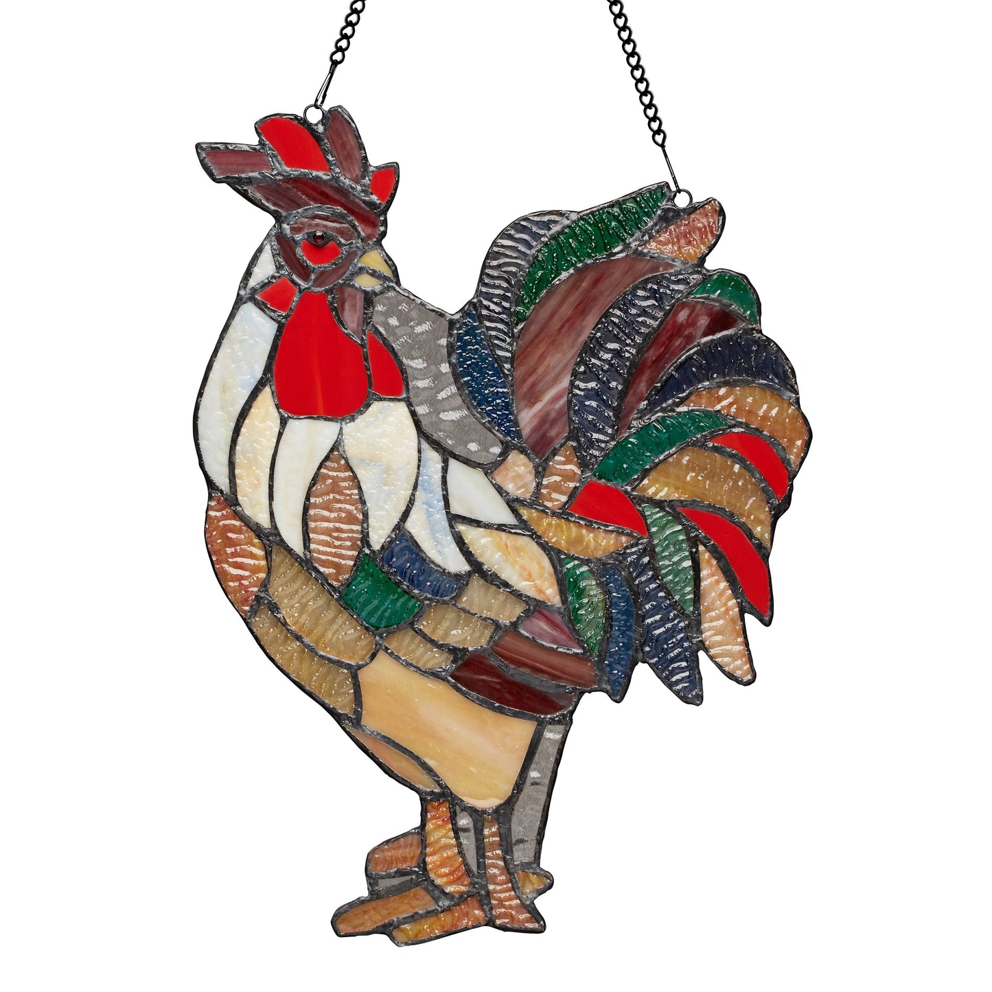 15.25"H Roland the Red Rooster Stained Glass Window Panel