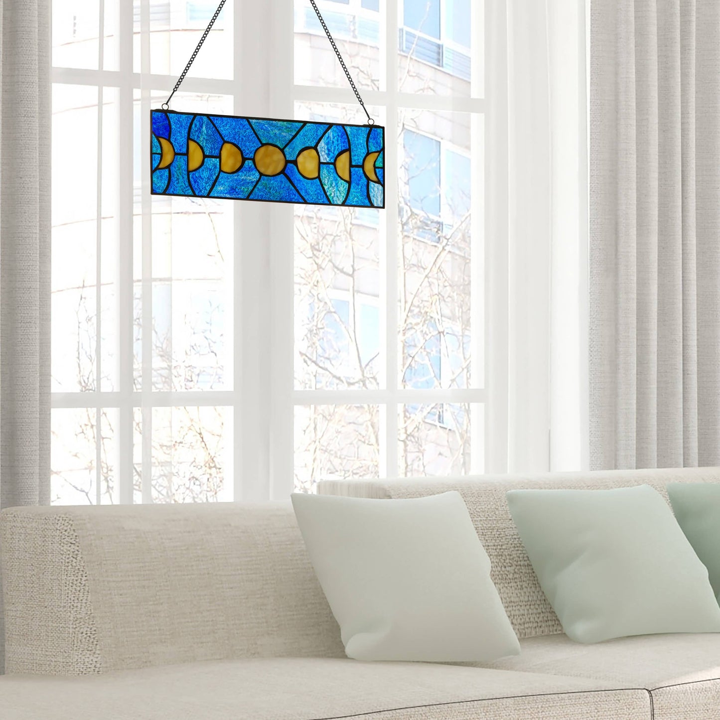 5"H Moon Phases Rectangular Stained Glass Window Panel