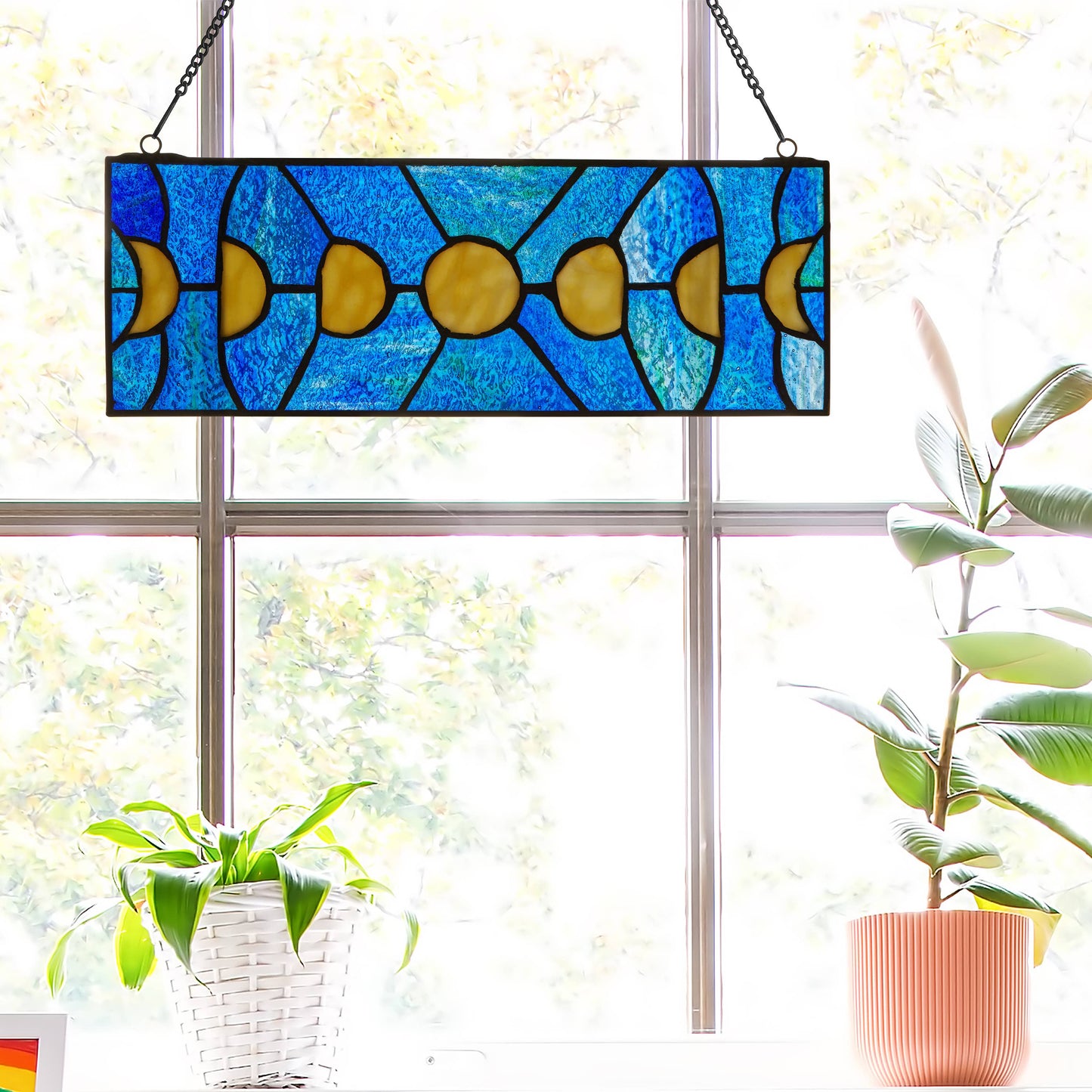 5"H Moon Phases Rectangular Stained Glass Window Panel
