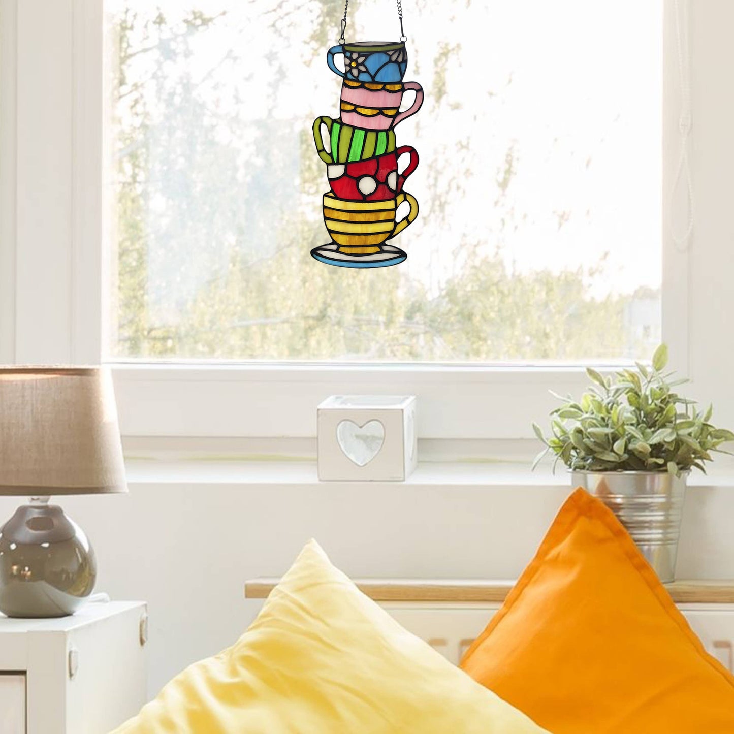 10.25"H Colorful Stacked Teacups Stained Glass Window Panel