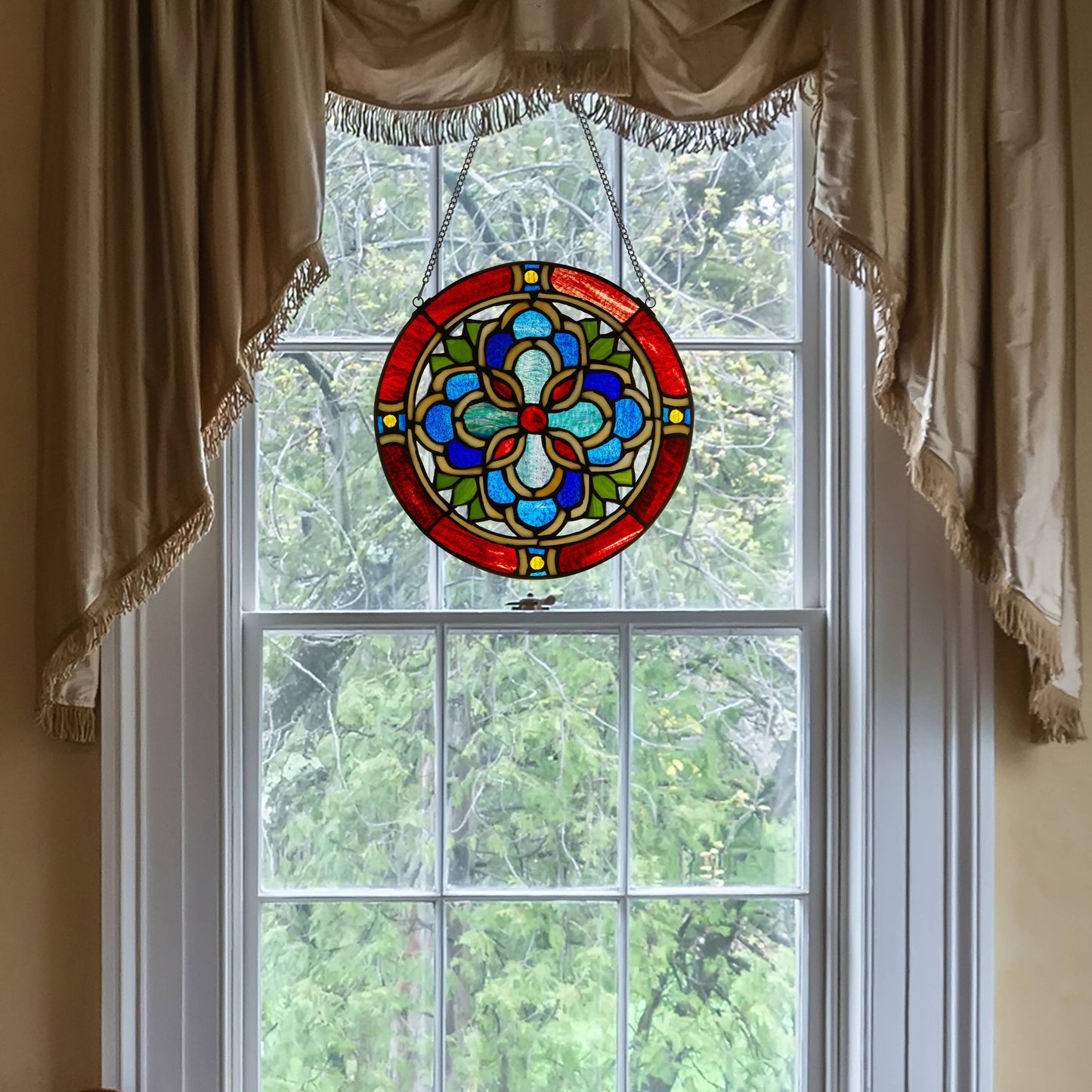 12"H Round Geometric Stained Glass Window Panel