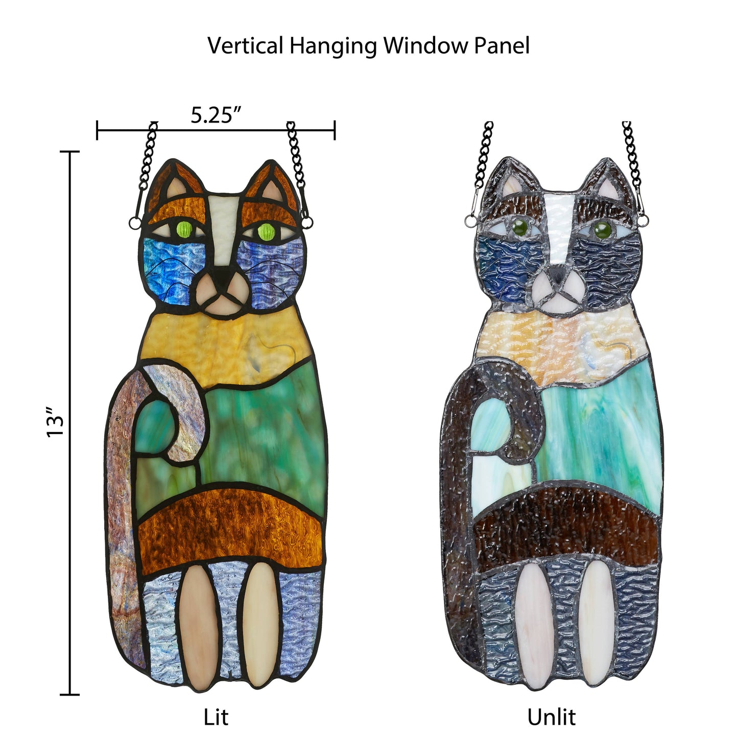 13"H Cecilia the Cat Multicolor Stained Glass Window Panel