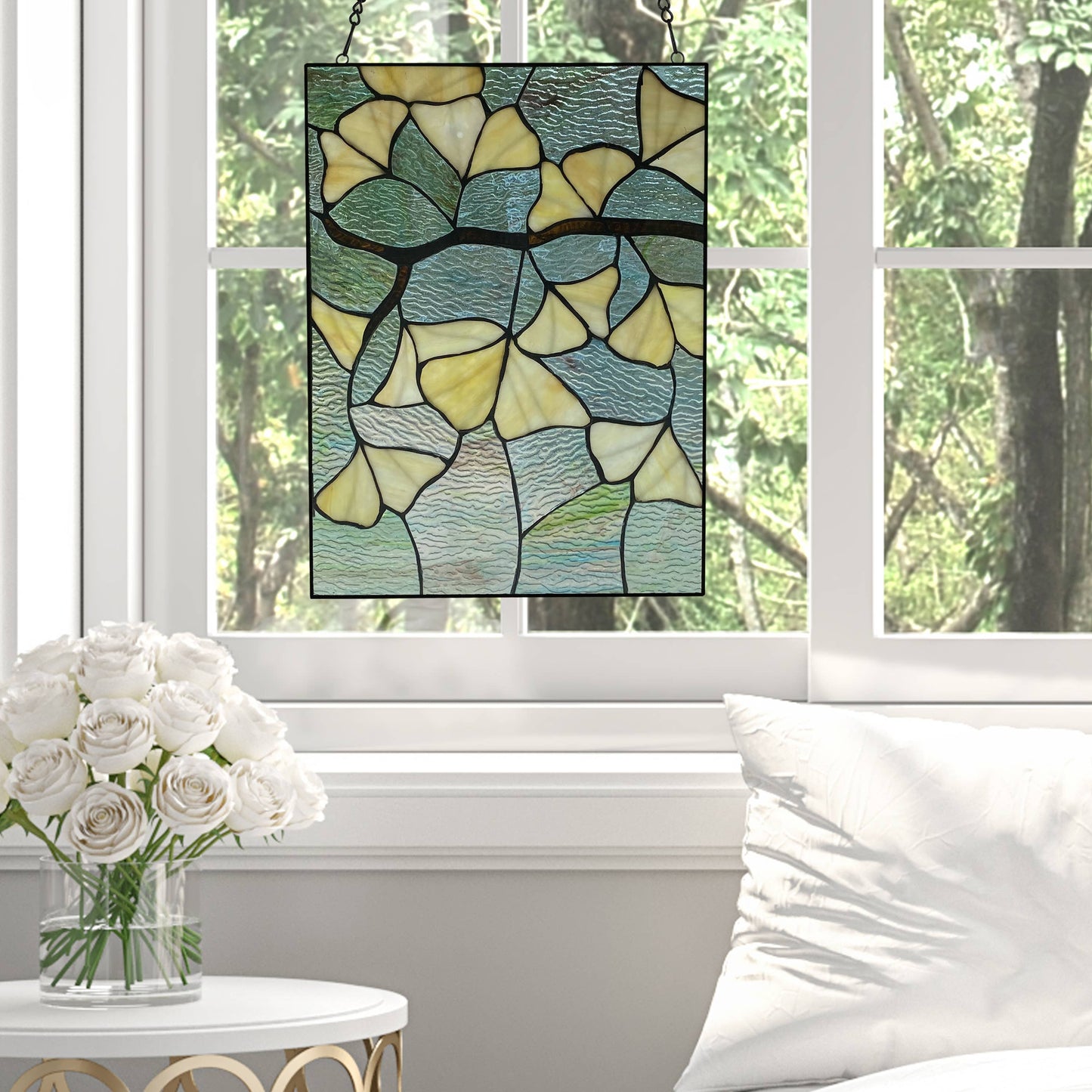 17.5"H Robert Yellow Gingko Leaf Stained Glass Window Panel