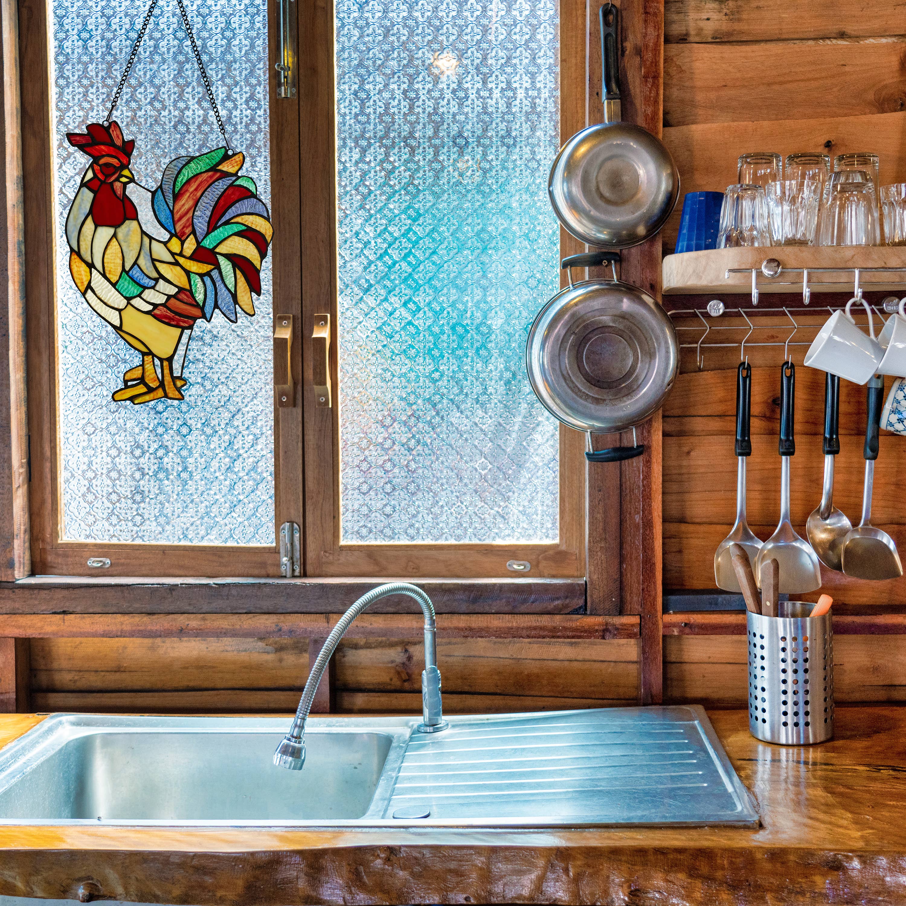 15.25"H Roland the Red Rooster Stained Glass Window Panel