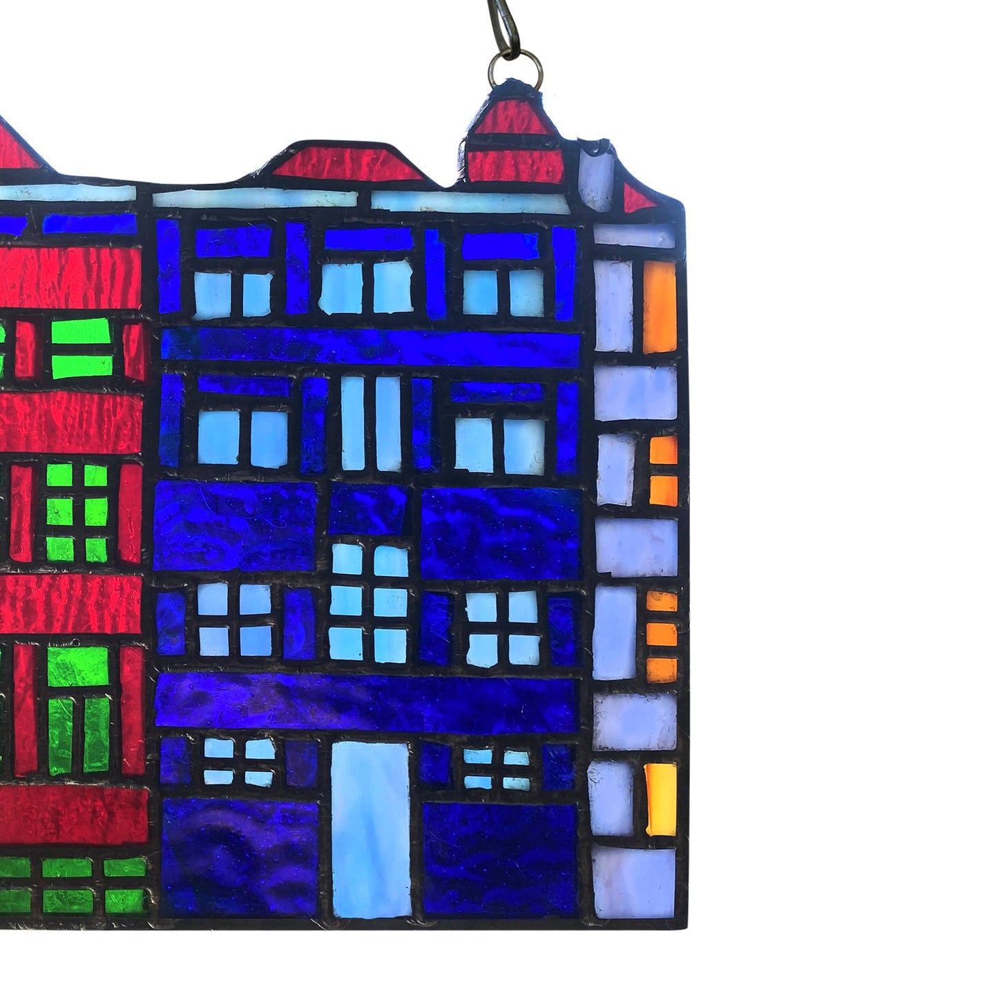 6"H Row House Skyline Multicolor Stained Glass Window Panel