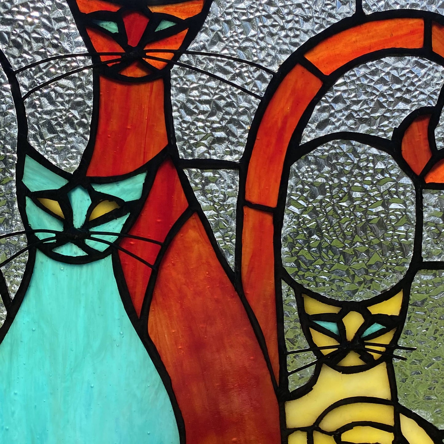 14"H Coy Cats Trio Stained Glass Window Panel