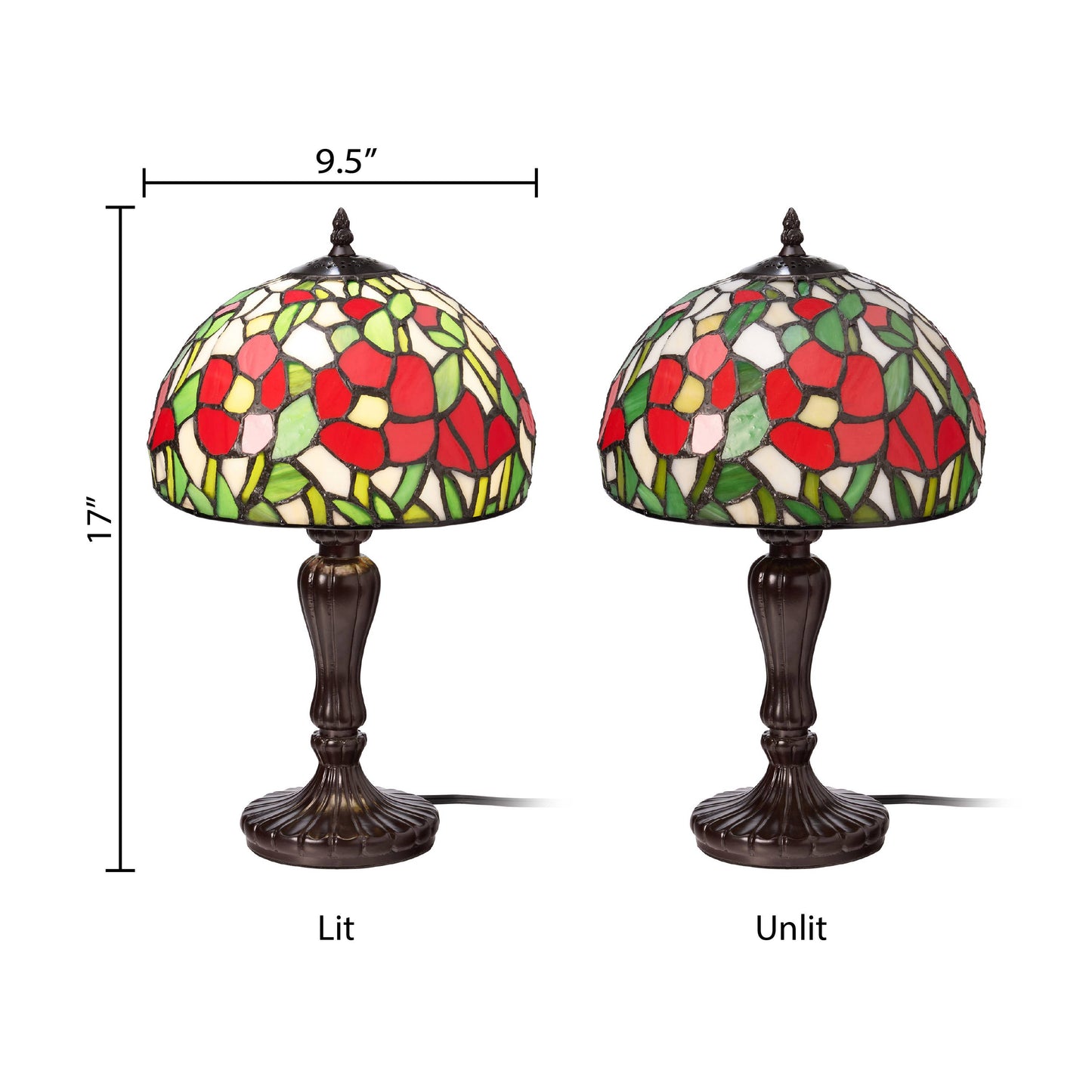 17"H Genevieve Red Flowers Stained Glass Candlestick Table