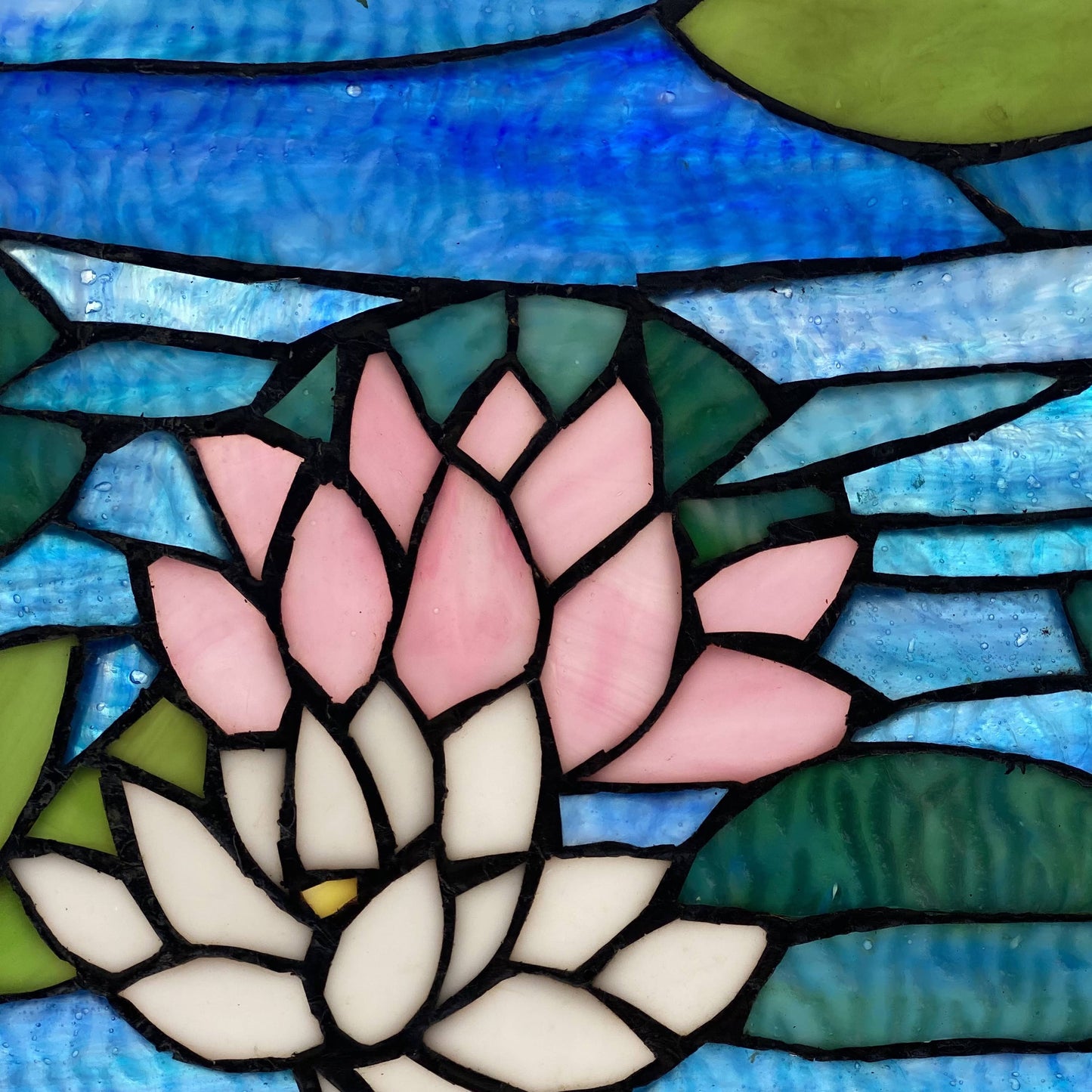 12"H Blue Lotus Pond Stained Glass Window Panel
