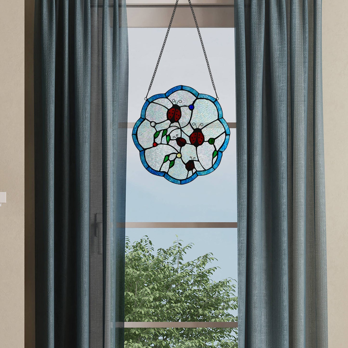 12"H Ladybugs Round Stained Glass Window Panel