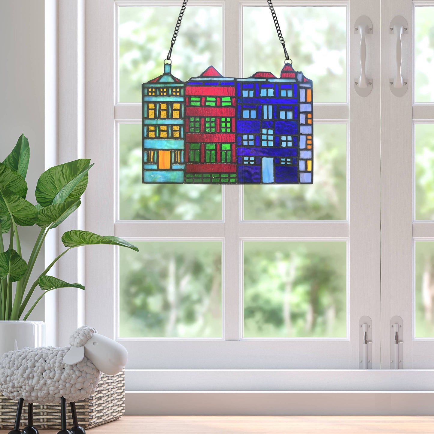 6"H Row House Skyline Multicolor Stained Glass Window Panel