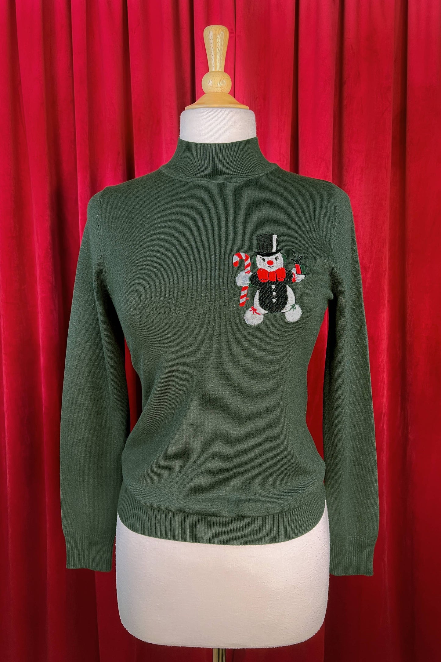 Snowman Pom Pom Mock Neck Sweater in Olive