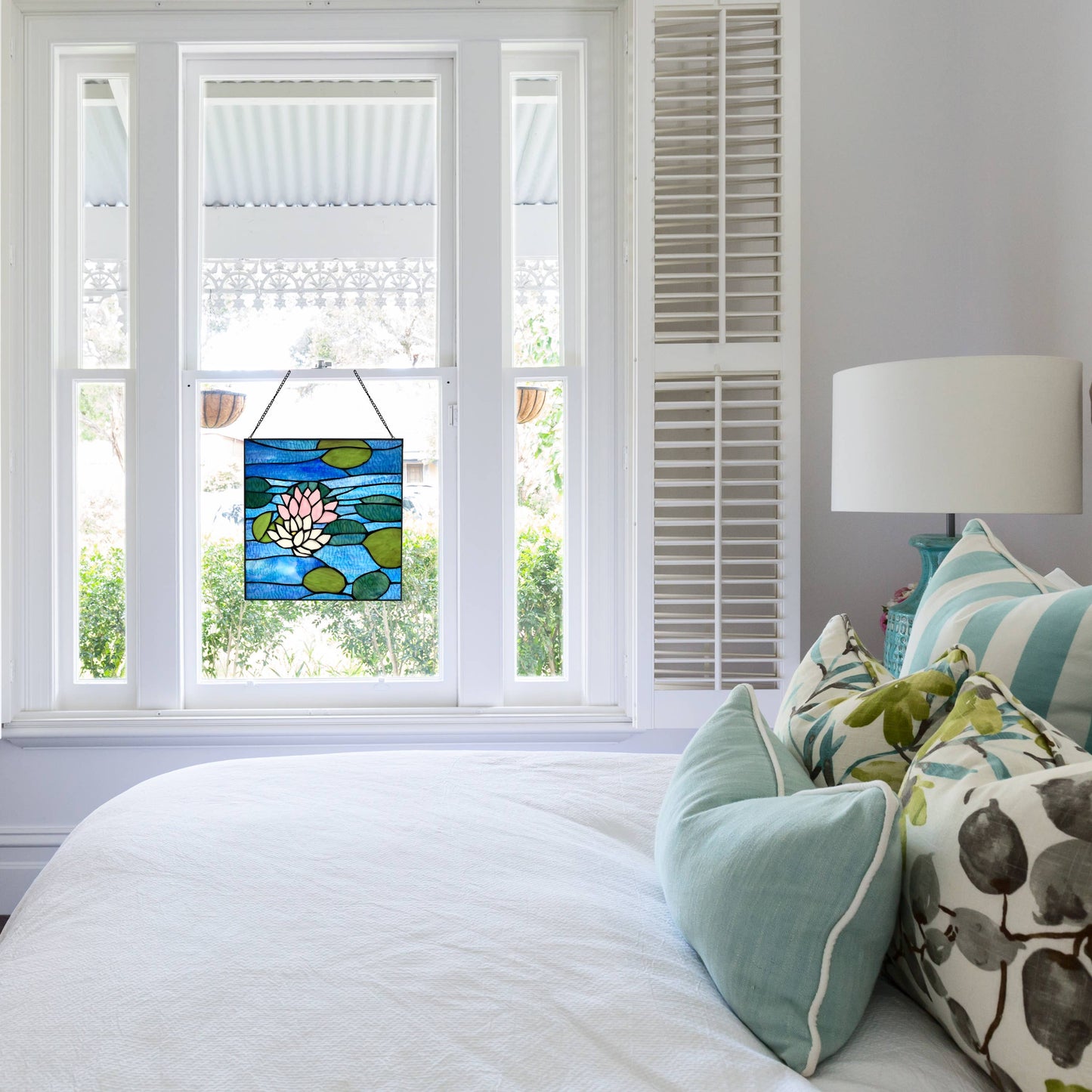 12"H Blue Lotus Pond Stained Glass Window Panel