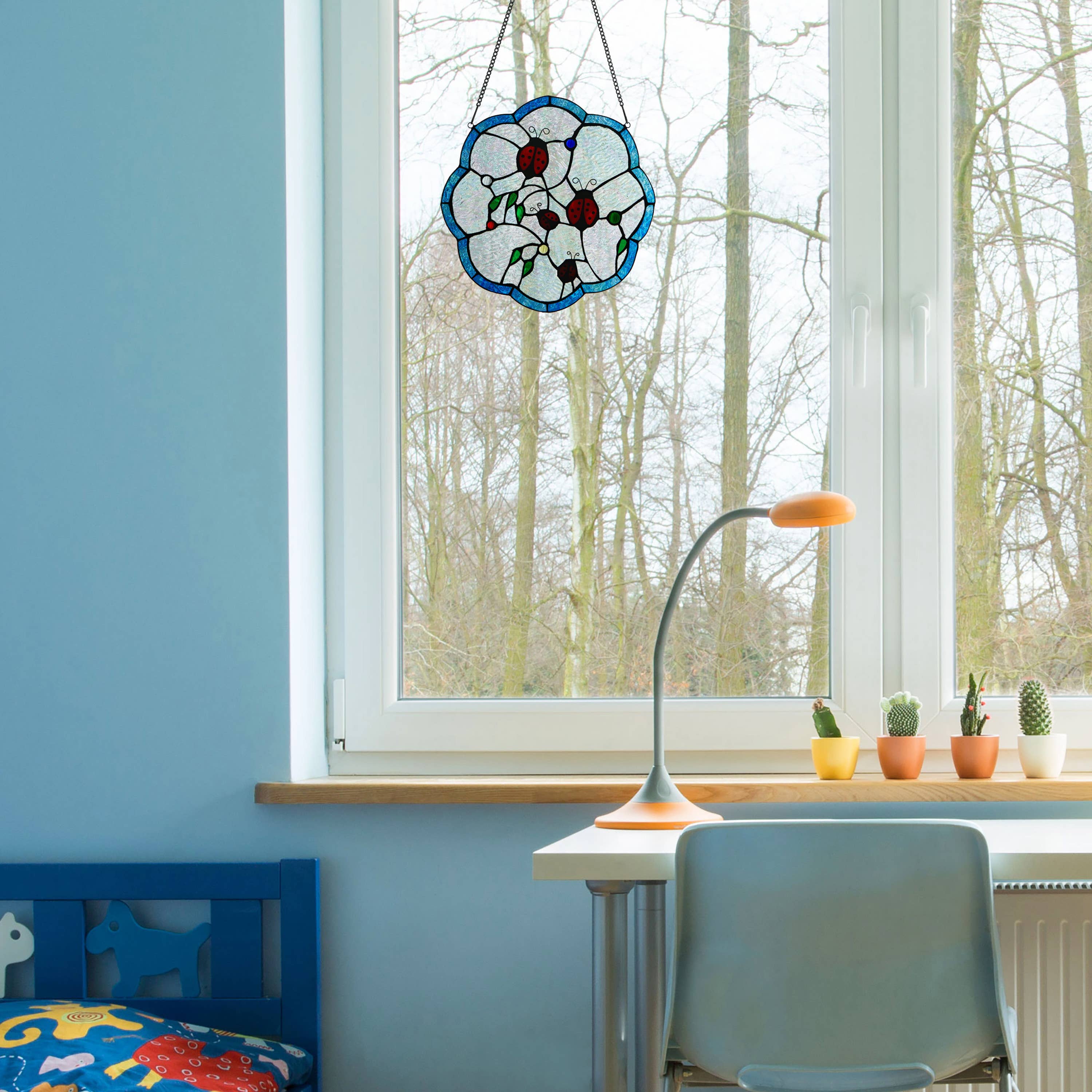 12"H Ladybugs Round Stained Glass Window Panel