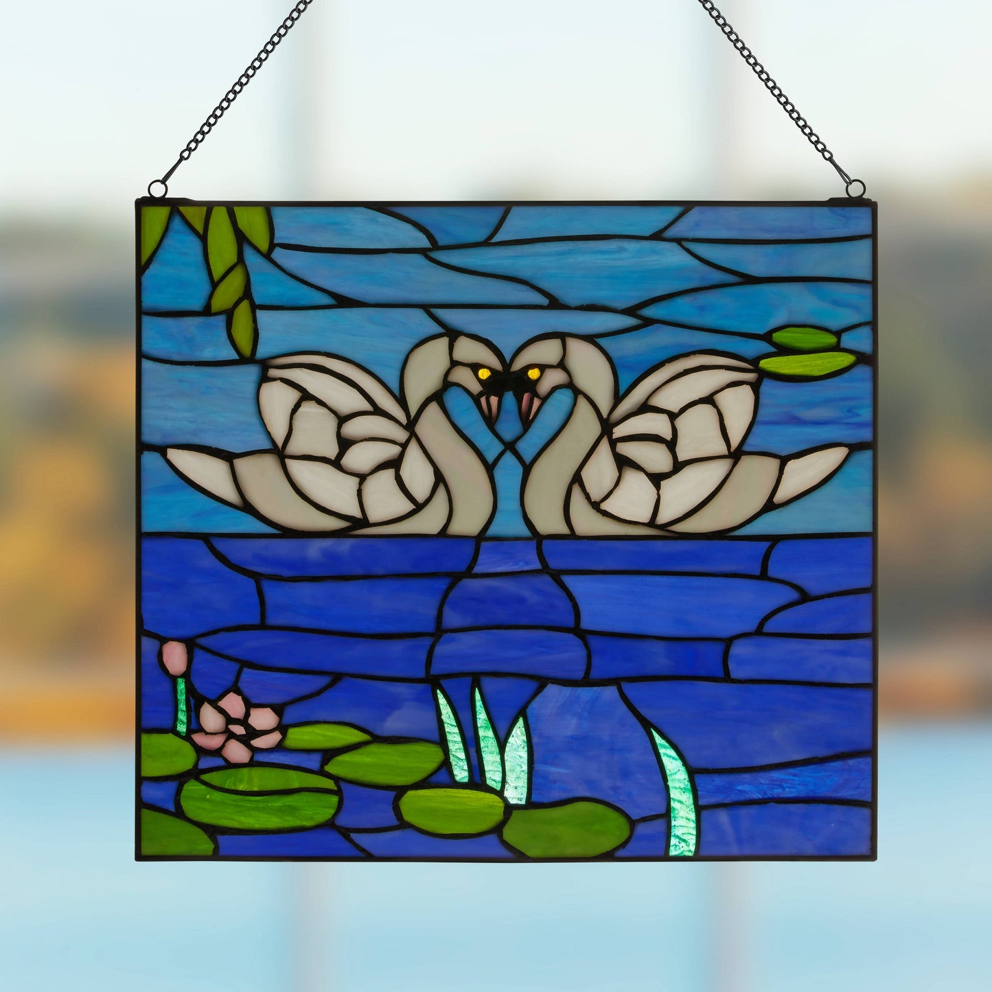 14"H Romantic White Swans Stained Glass Window Panel