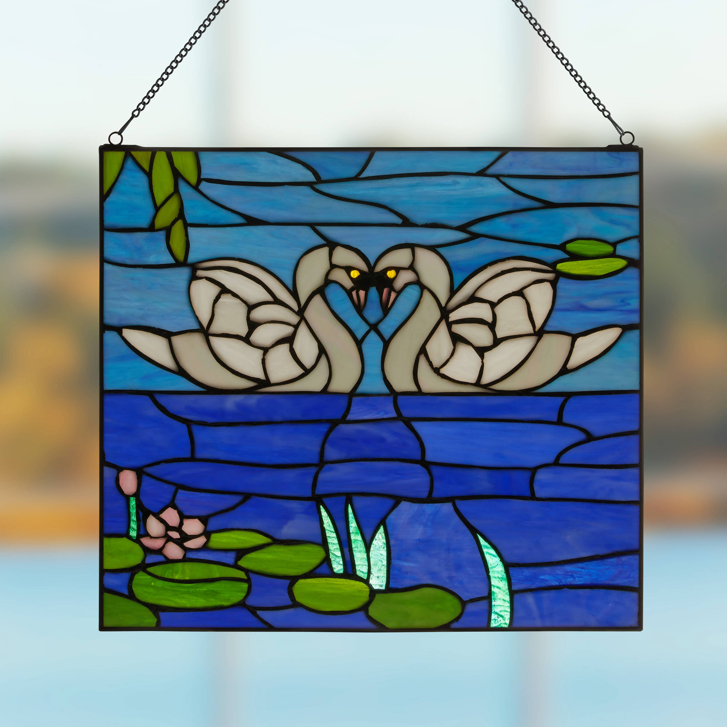 14"H Romantic White Swans Stained Glass Window Panel