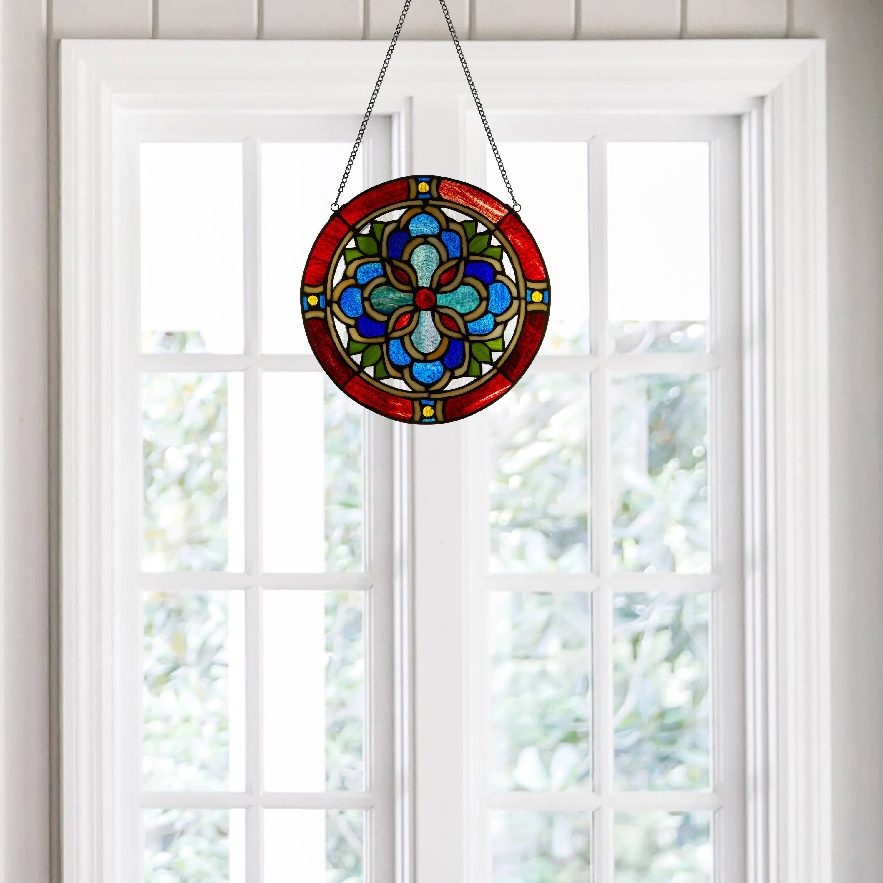 12"H Round Geometric Stained Glass Window Panel