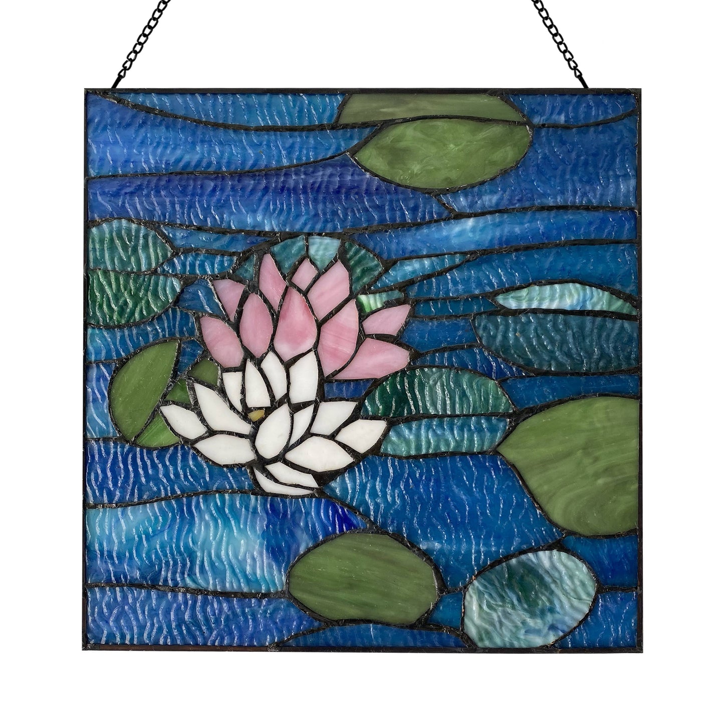 12"H Blue Lotus Pond Stained Glass Window Panel