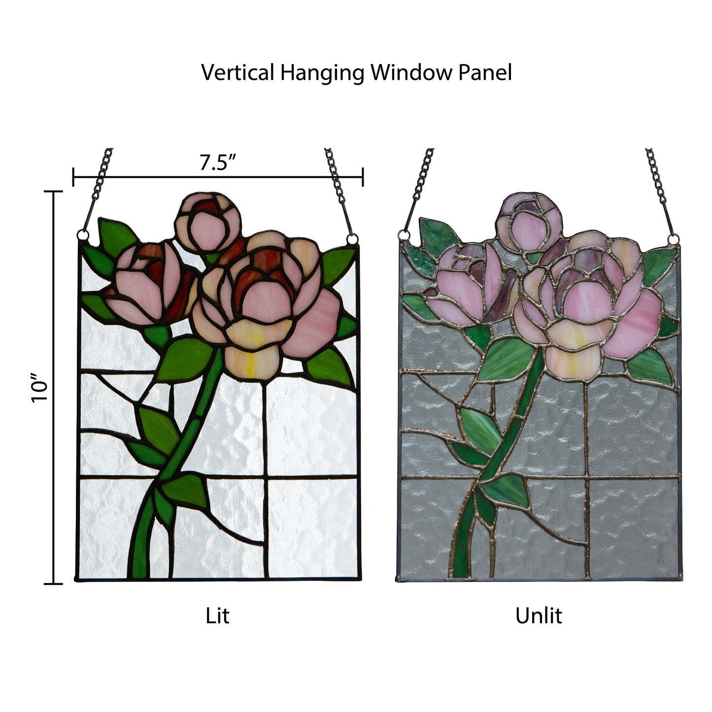 10"H Pink Rose Stained Glass Window Panel