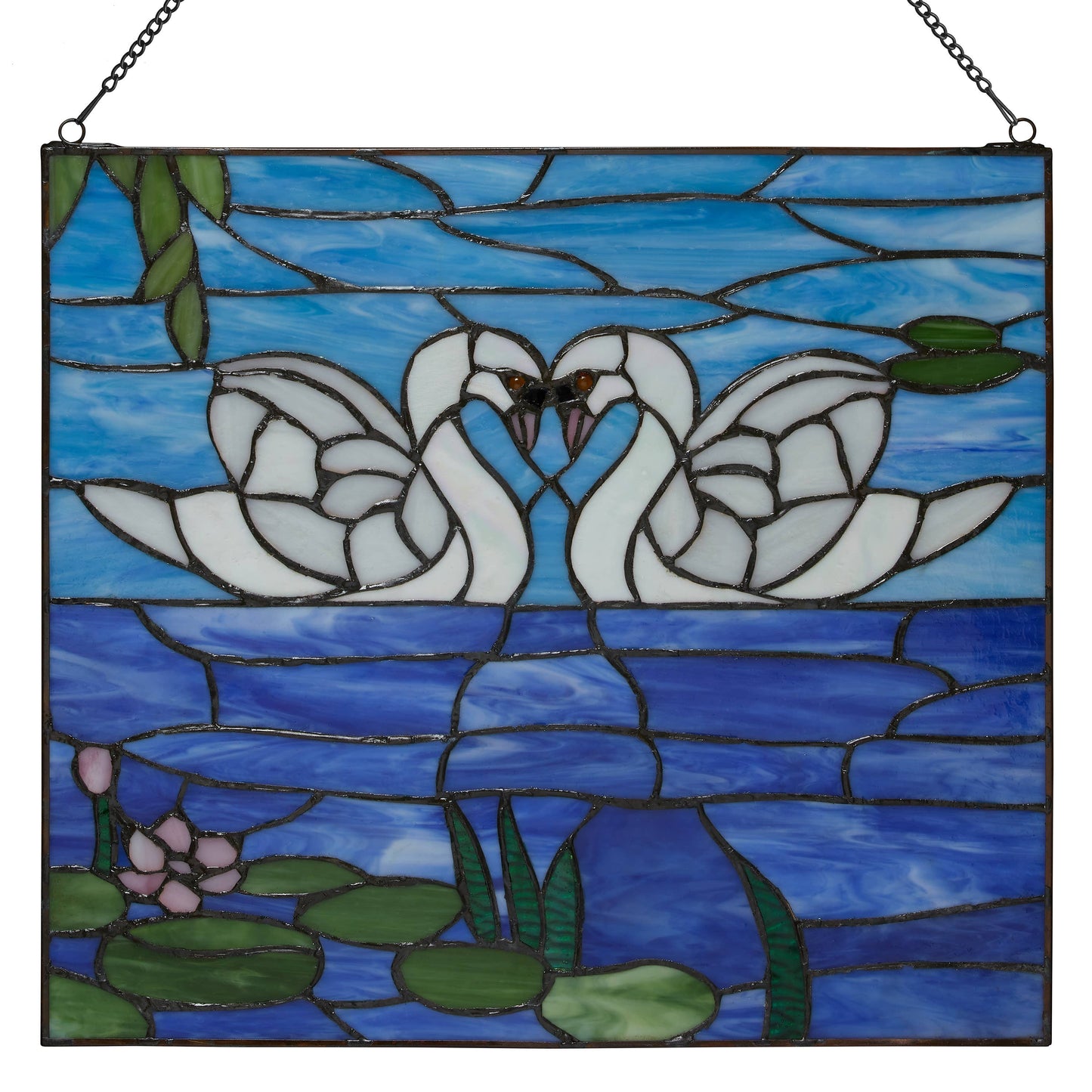 14"H Romantic White Swans Stained Glass Window Panel