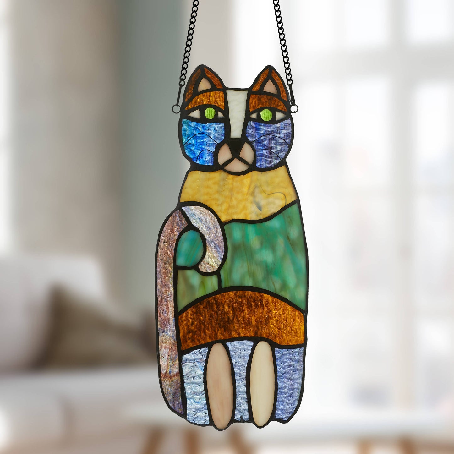 13"H Cecilia the Cat Multicolor Stained Glass Window Panel